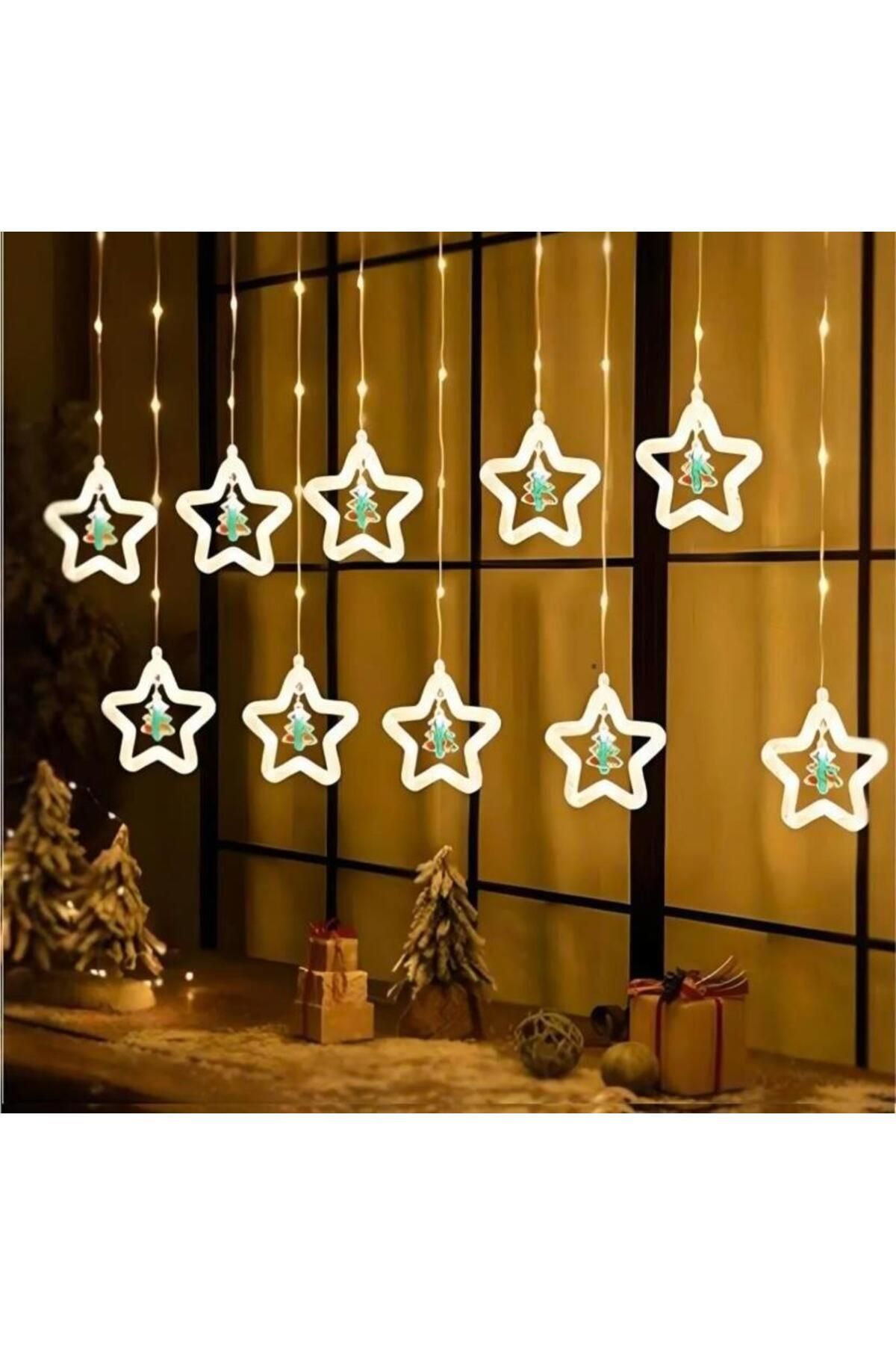 Elioure Animasyonlu Noel Baba ve Çam Yıldız Set Led Yılbaşı Perde Süsü 60-90 Cm 3 Metre Noel Baba ve Çam Yıl