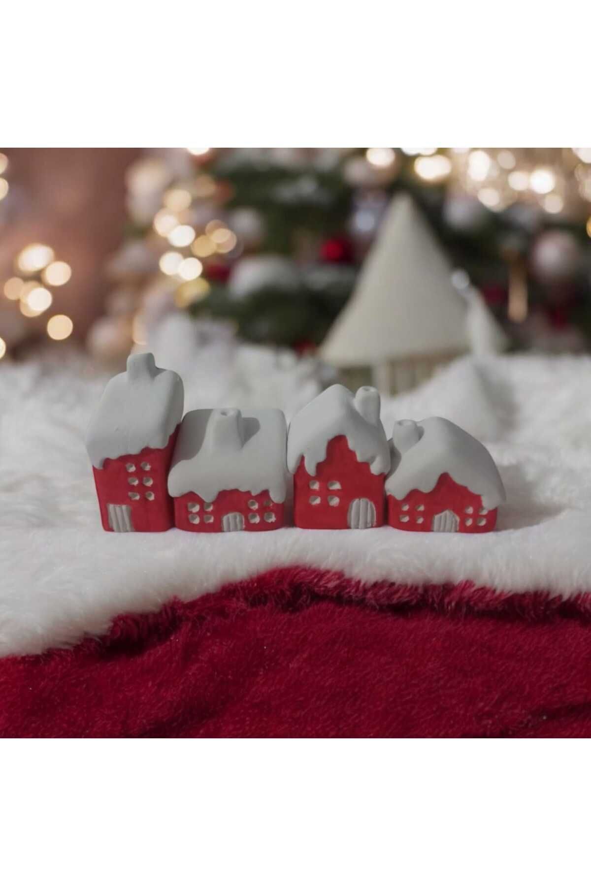 Elioure Minimal (Hediyeli) 4'lü Küçük Yılbaşı Kırmızı Karlı Ev Biblo Noel Temalı