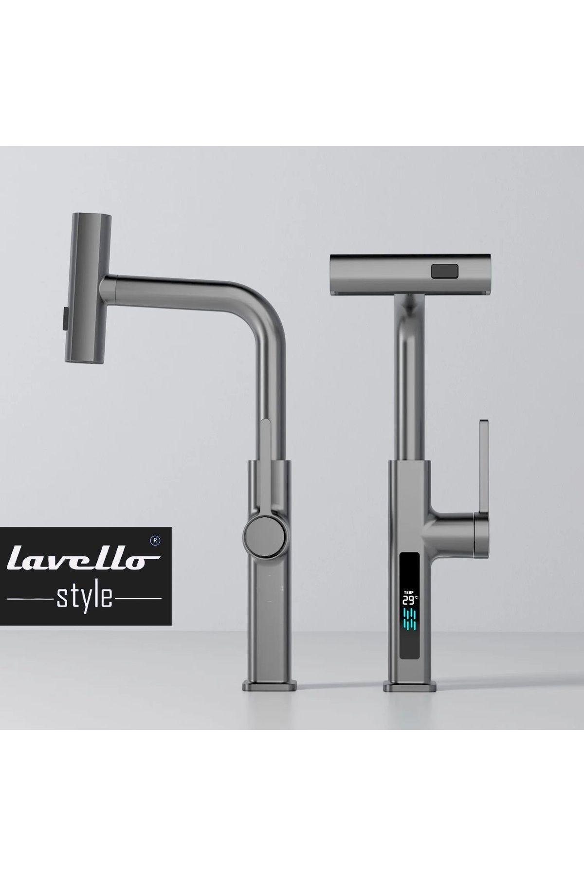 LAVELLO STYLE 3 Modlu, Dijital Isı Göstergeli, Spiralli, Paslanmaz Krom Batarya, Musluk