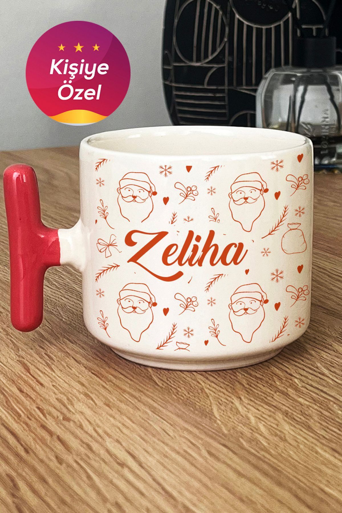Elioure Kişiye Özel Noel Baba Desenli Kupa Bardak T Kulplu Pembe Yılbaşı Yeni Yıl Hediyesi 5386MY