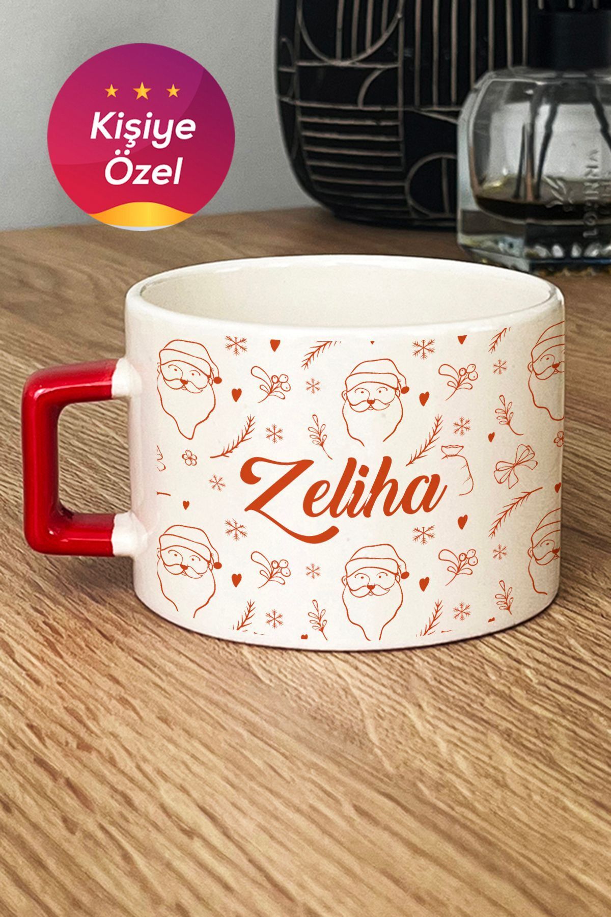 Elioure Kişiye Özel Noel Baba Desenli Lüks Fincan Kırmızı Yılbaşı Yeni Yıl Hediyesi 5386MY
