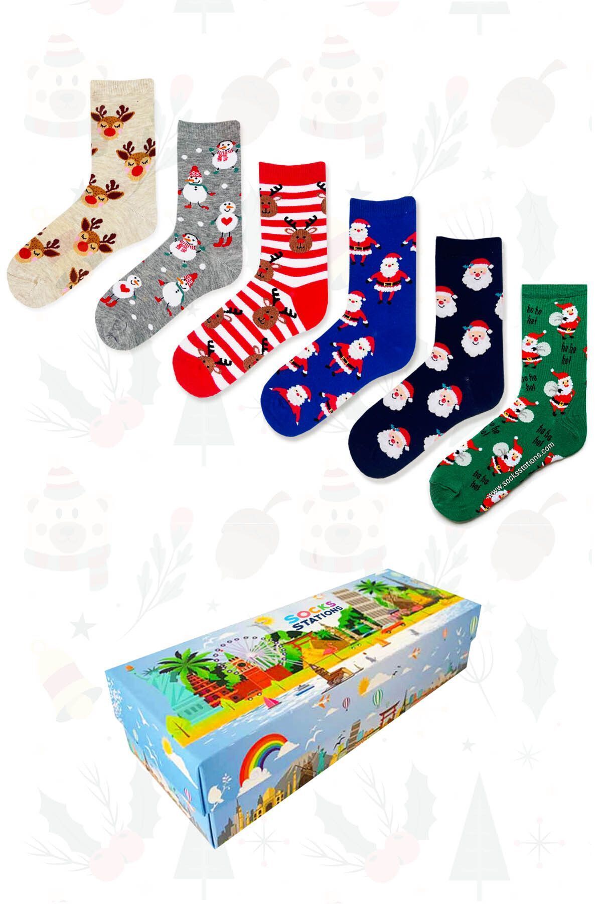 Elioure Ünisex Renkli Desenli Noel Baba Ve Kış Temalı Çorap Seti Kışlık Kalın Çorap 6'lı Set-