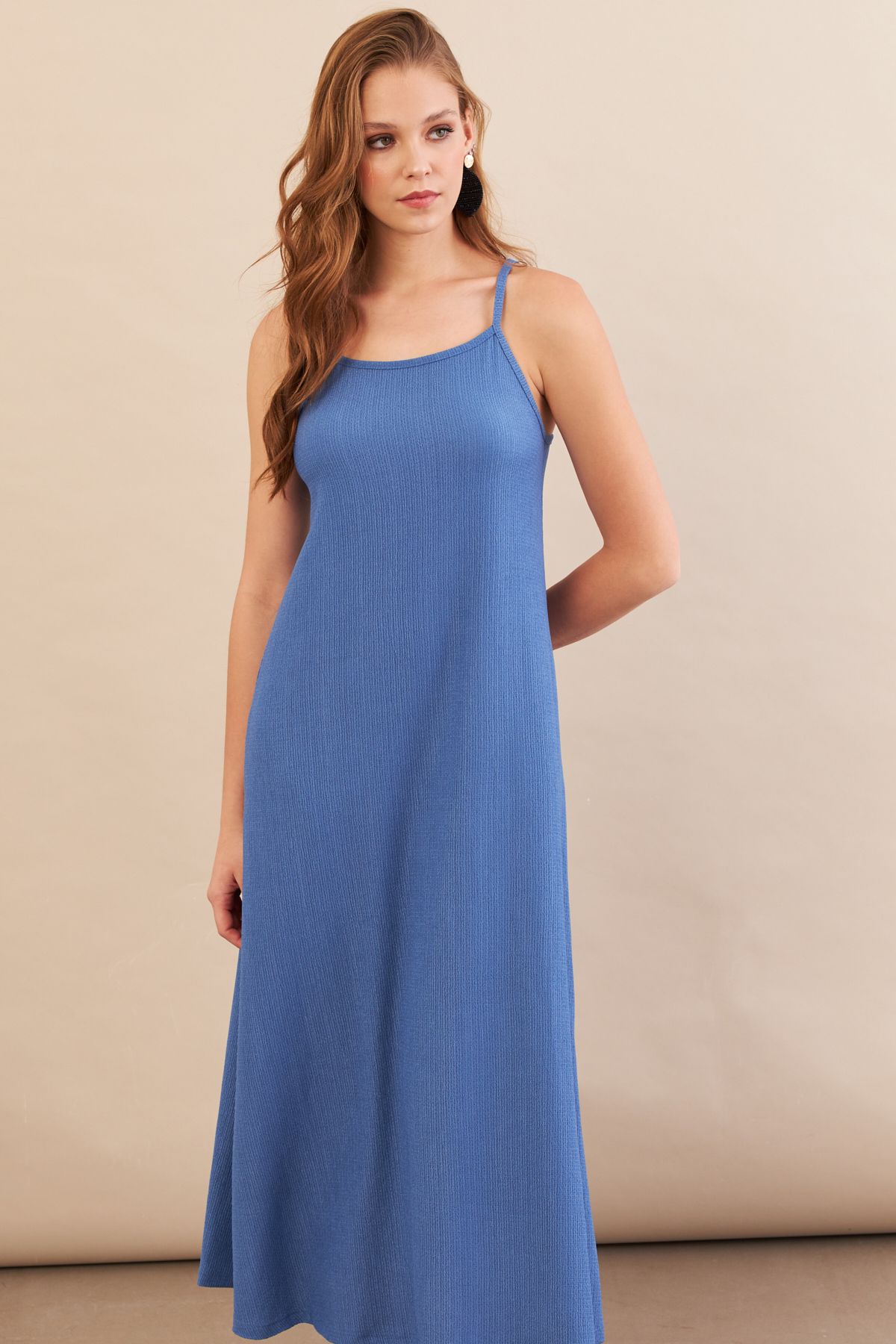 Cool & Sexy Kadın İndigo Ayarlanabilir Askılı Bürümcük Midi Elbise MX9455