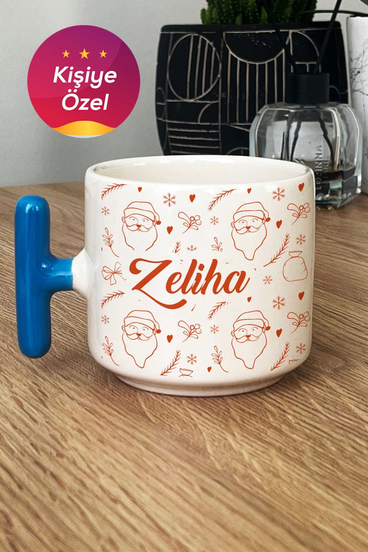 Elioure Kişiye Özel Noel Baba Desenli Kupa Bardak T Kulplu Mavi Yılbaşı Yeni Yıl Hediyesi 5386MY