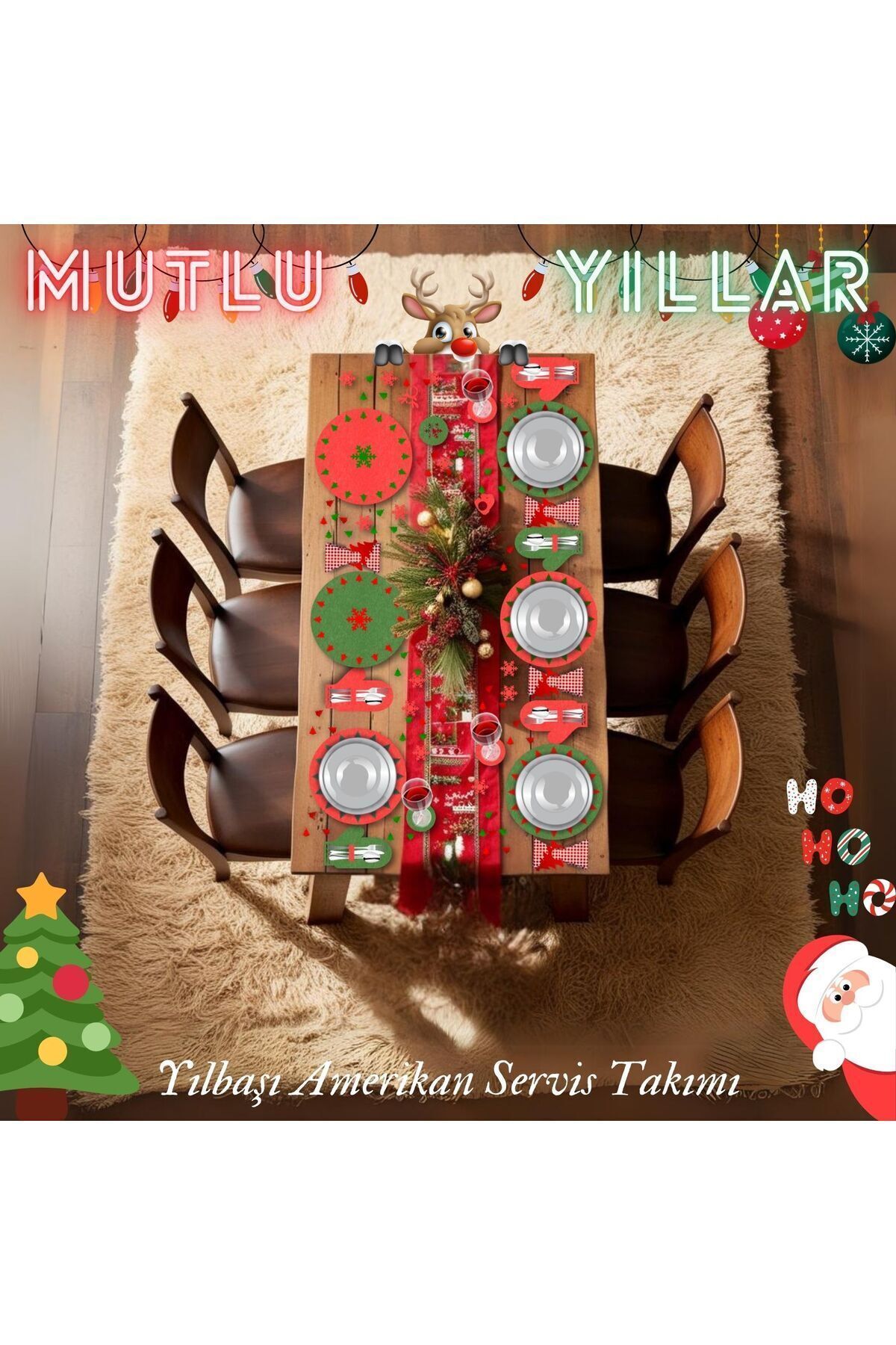 Elioure Yeniyıl Yılbaşı Noel 24 parça 6 kişilik Amerikan Yemek Servis Supla Bardak Altlığı Peçete Çatal Seti
