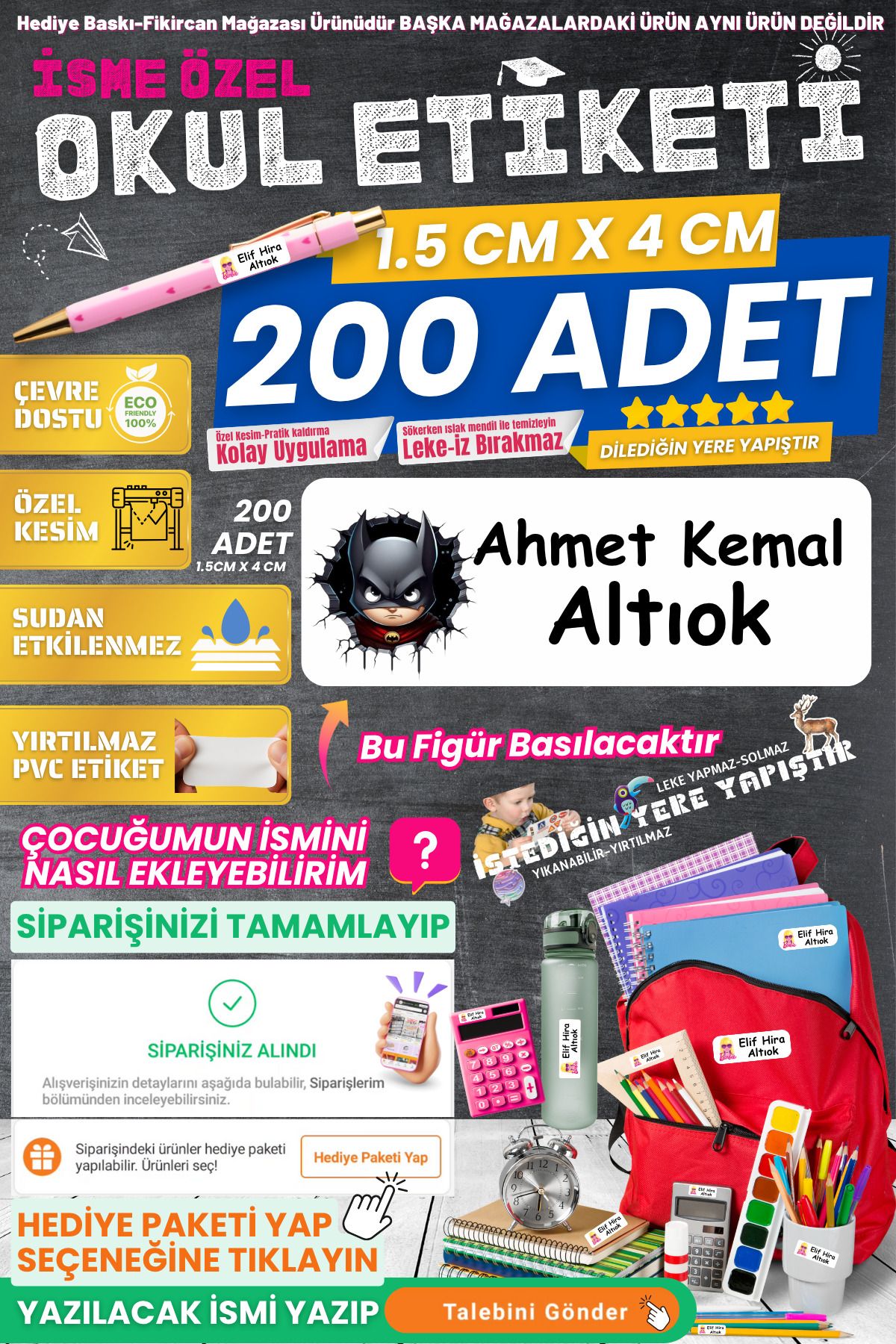FİKİRCAN Fikircan-İsme Özel Okul Etiketi-MİNİK BATMAN 200 Adet - Kokusuz Ekolojik Mürekkep PVC ETİKET