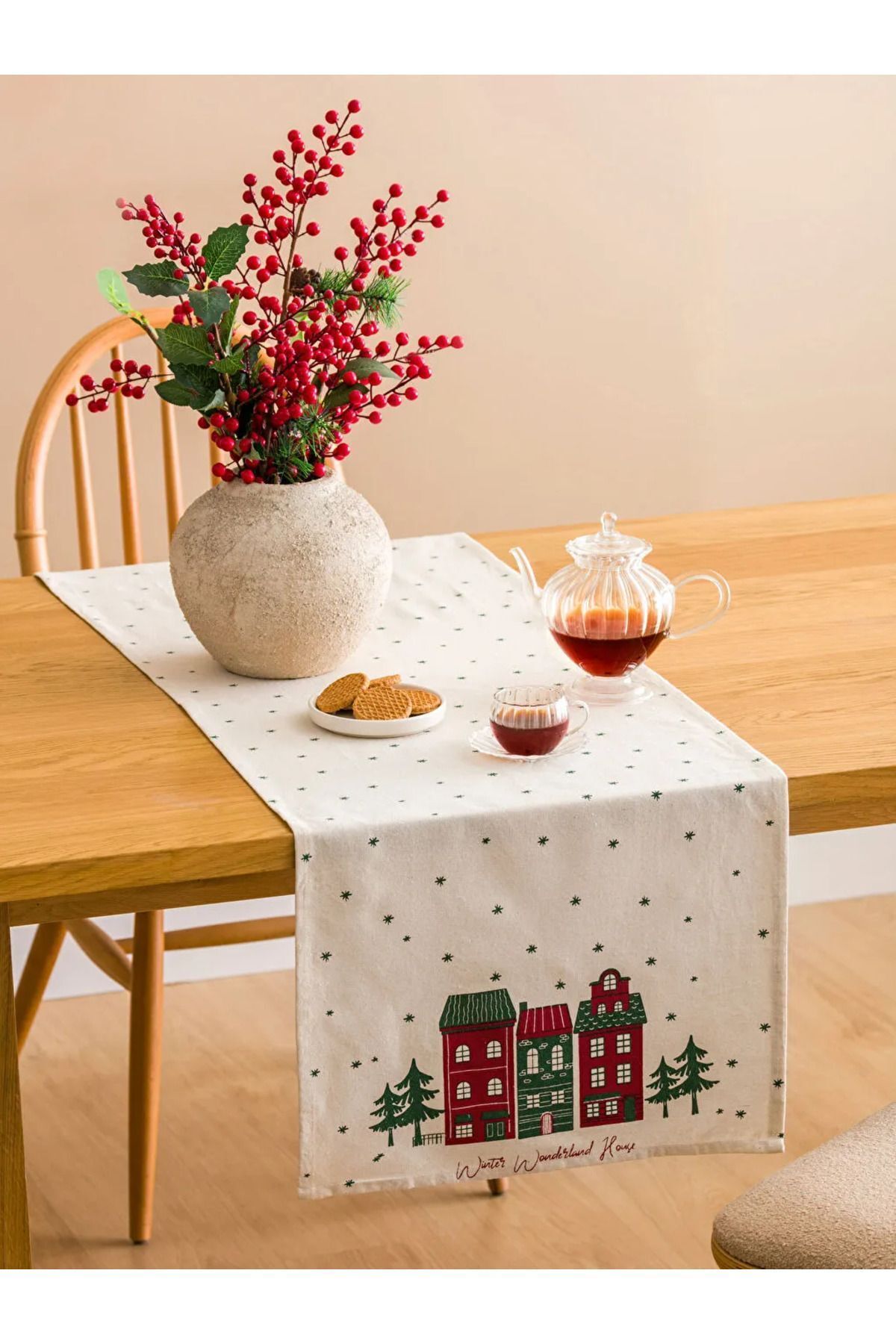 Elioure Ekru Baskılı Runner 45x150 Cm Yeniyıl Yılbaşı Konseptli Noel Masa Örtüsü