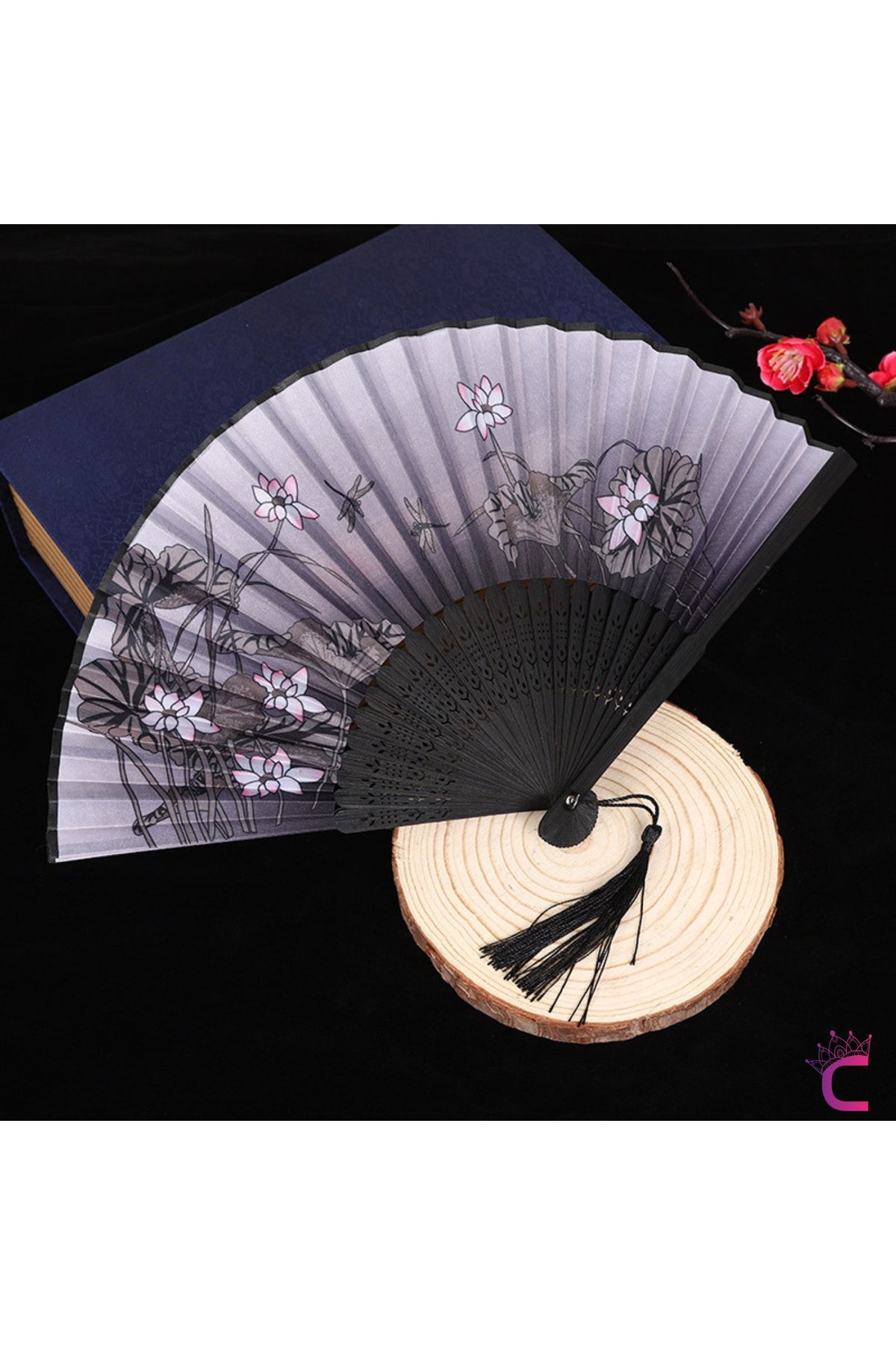 Cinderella Accessories Vintage Japon Tarzı Çiçek Desenli Bambu Yelpaze Siyah - Yumuşak Kumaş Püsküllü Ahşap El Yelpazesi