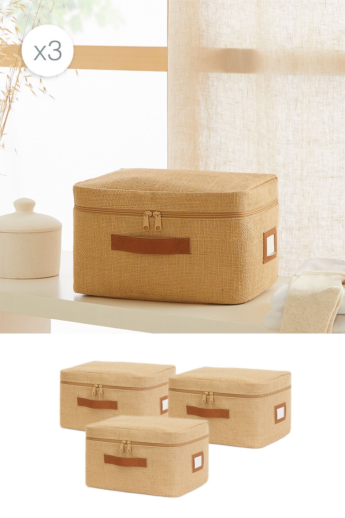 Ocean Home Textile 3 Adet Küçük Boy Jüt Kumaş Baza Altı Valiz Düzenleyici Hurç 30x22x18