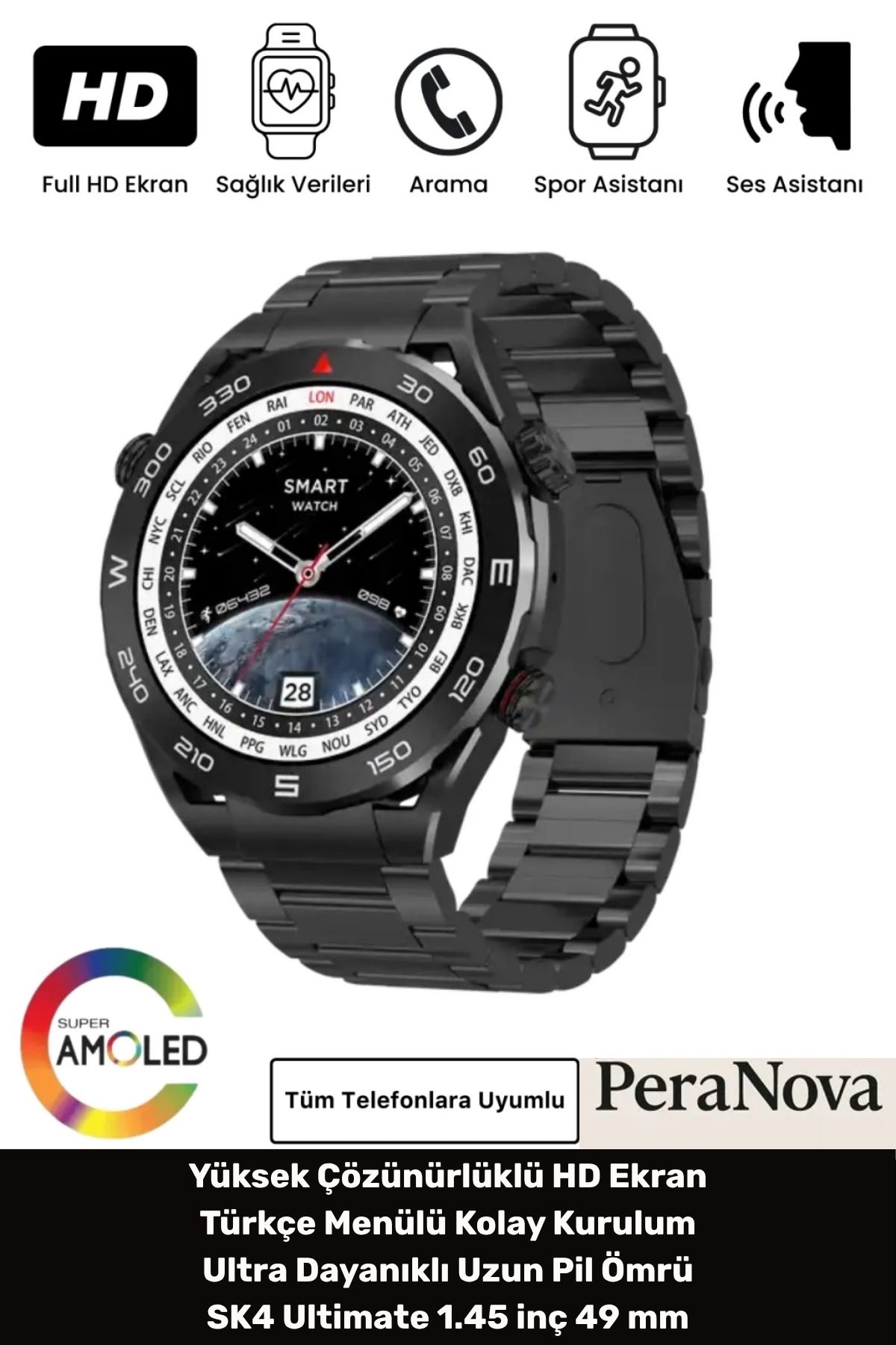 PeraNova Yeni Nesil SK4 Ultimate Amoled HD Oval Ekran Spor Sağlık Sensörlü IOS Android Uyumlu Akıllı Saat