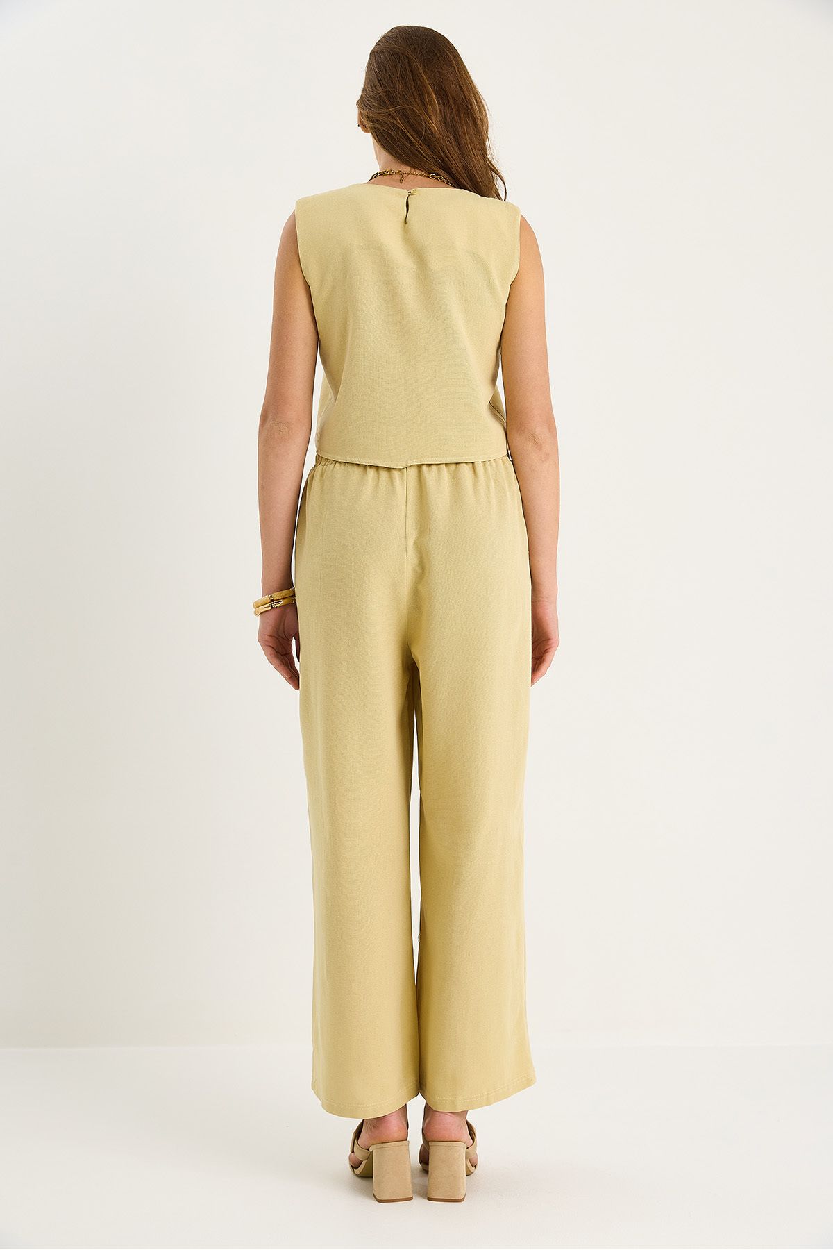 Bianco Lucci-Women's Thick Strap Blouse Elastic Waist Pocket Detailed Loose Trousers Linen Suit 9384 60281086 6