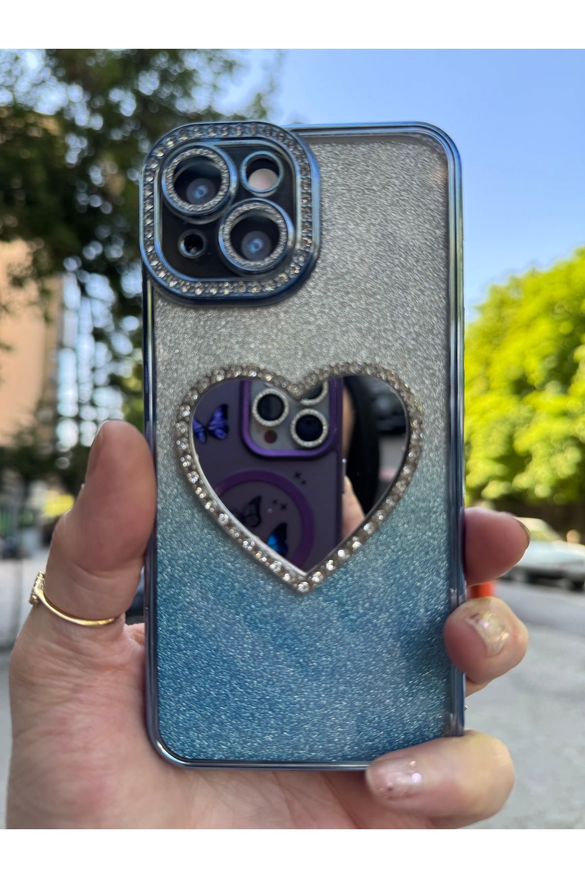 DÜNYA AKSESUAR iPhone 15 plus tam koruma aynalı taşlı çıkabilir simli silikon silikon