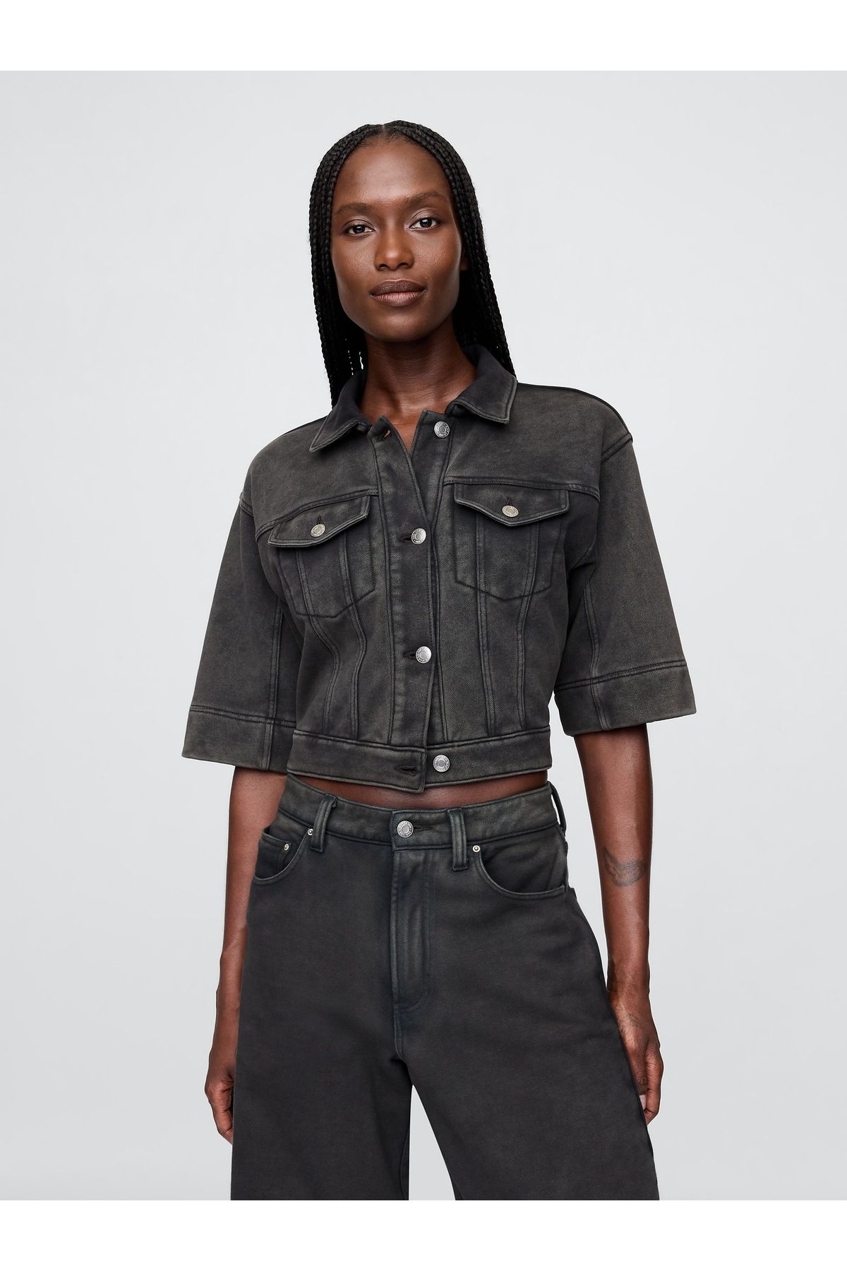 GAP Kadın Siyah Heavyweight Fransız Havlu Kumaş Denim Kısa Ceket