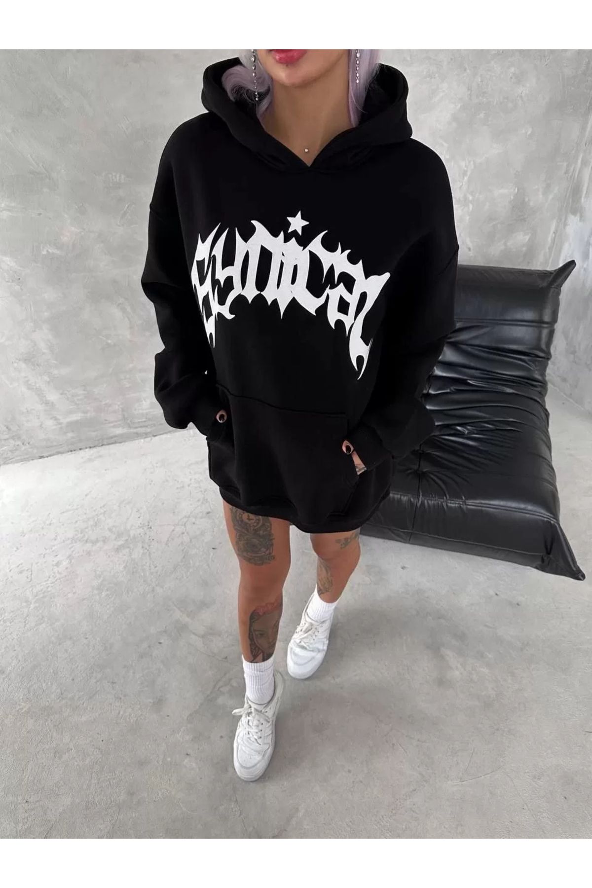 Silerra Unisex Üç İplik Kapüşonlu Baskılı SweatShirt - Siyah