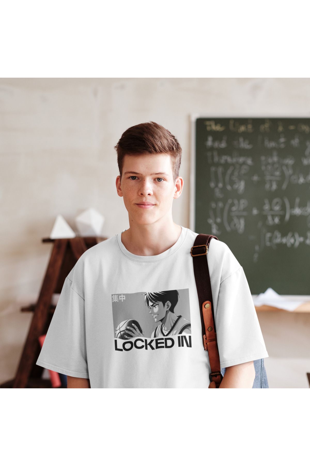 Was Plus Unisex Beyaz Oversize %100 Pamuklu "Locked In" Anime Baskılı T-shirt
