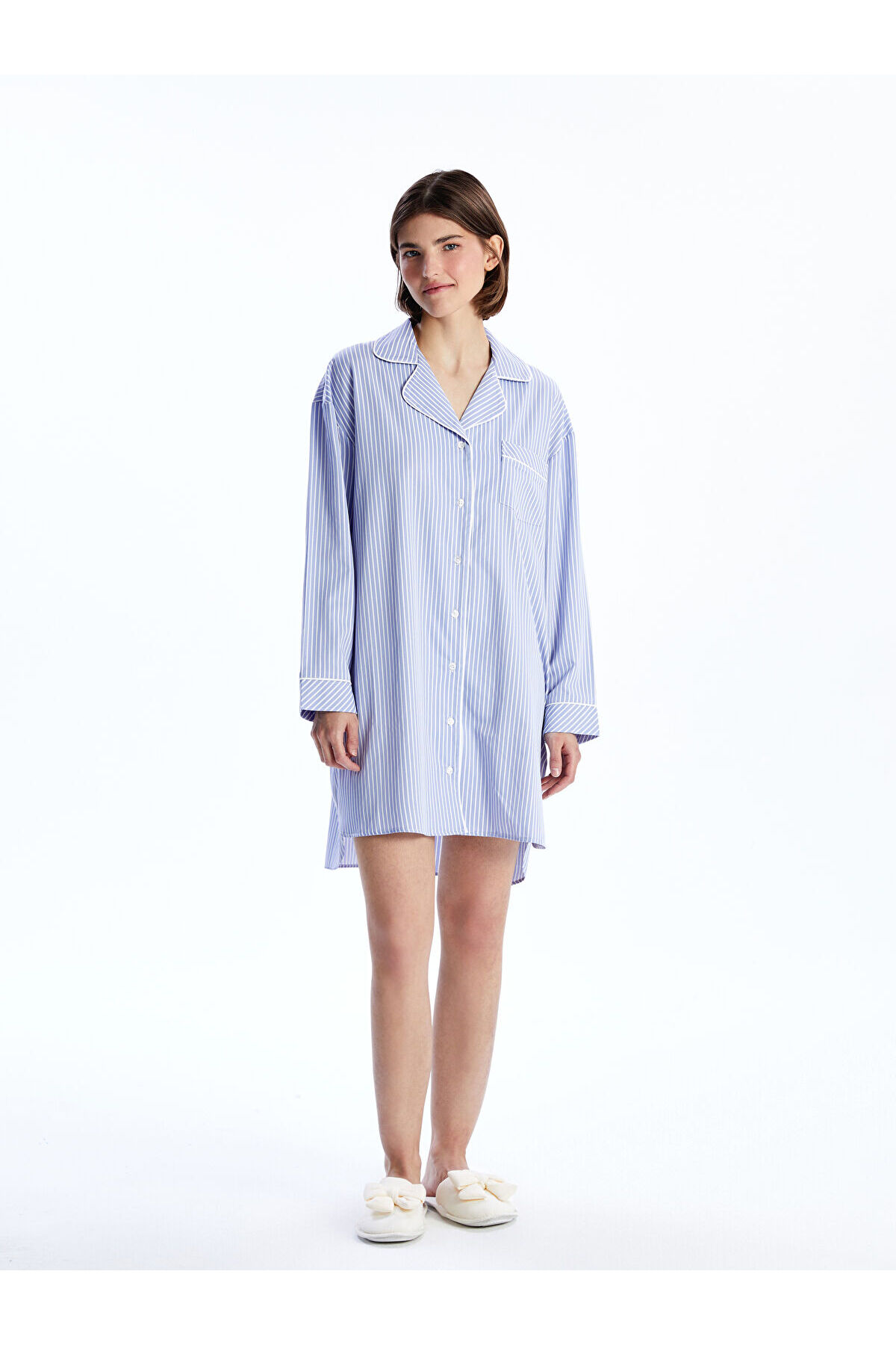 LC Waikiki Özmarka Yeni Sezon Gömlek Yaka Çizgili Kadın Gecelik