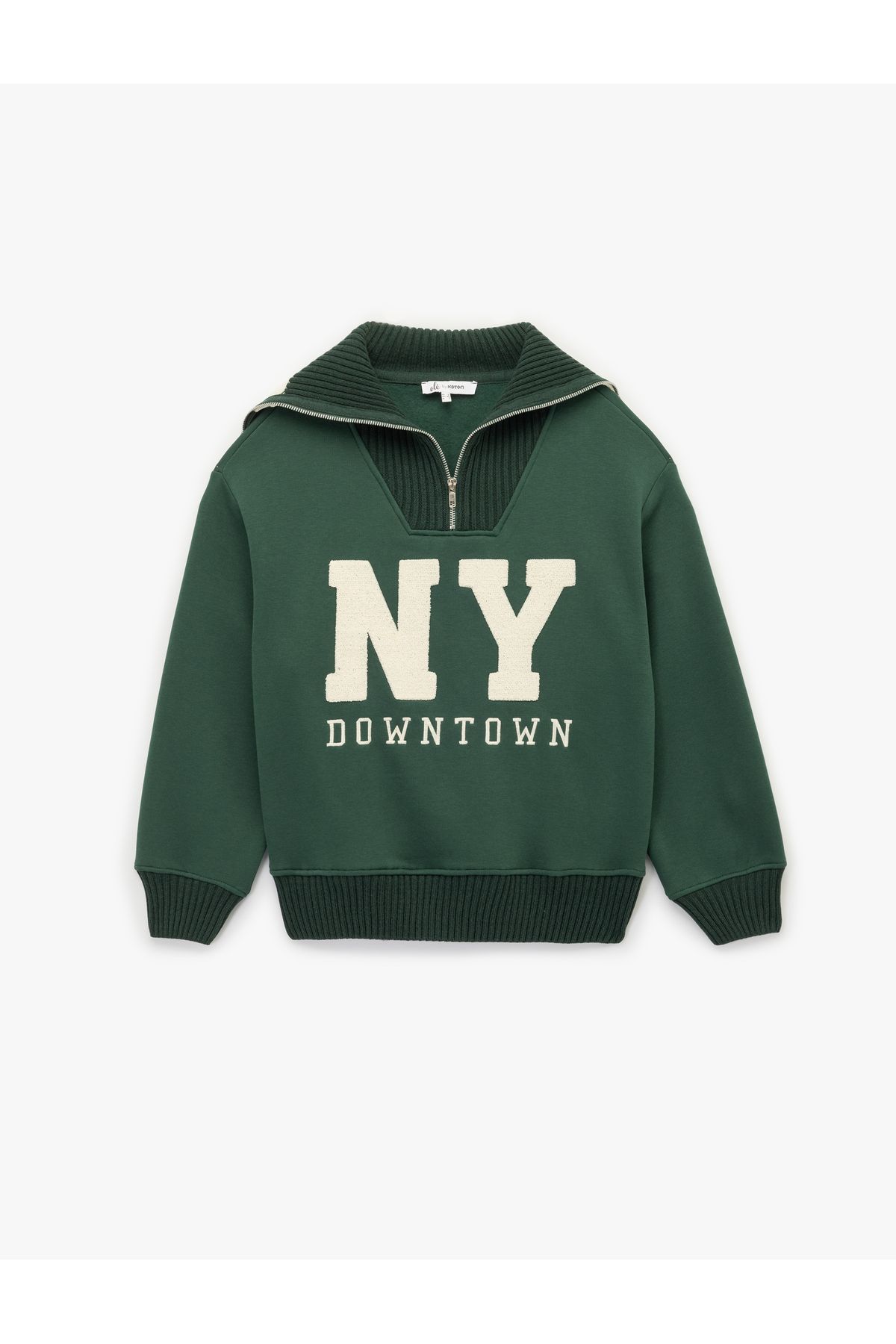 Koton Şardonlu Uzun Kollu Yarım Fermuarlı Ayıcık Nakışlı Oversize Sweatshirt