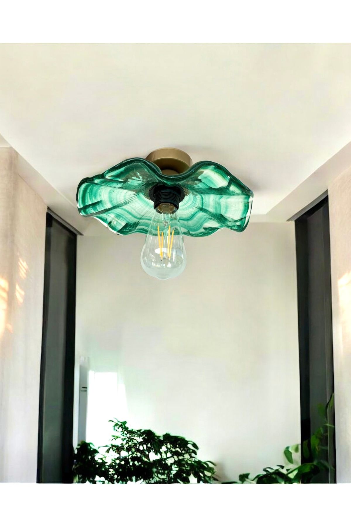 Fico Home Modern Classic CAm Avize Yeşil Renkli Kristal Cam Flower Çiçek Tekli Tavan Avize