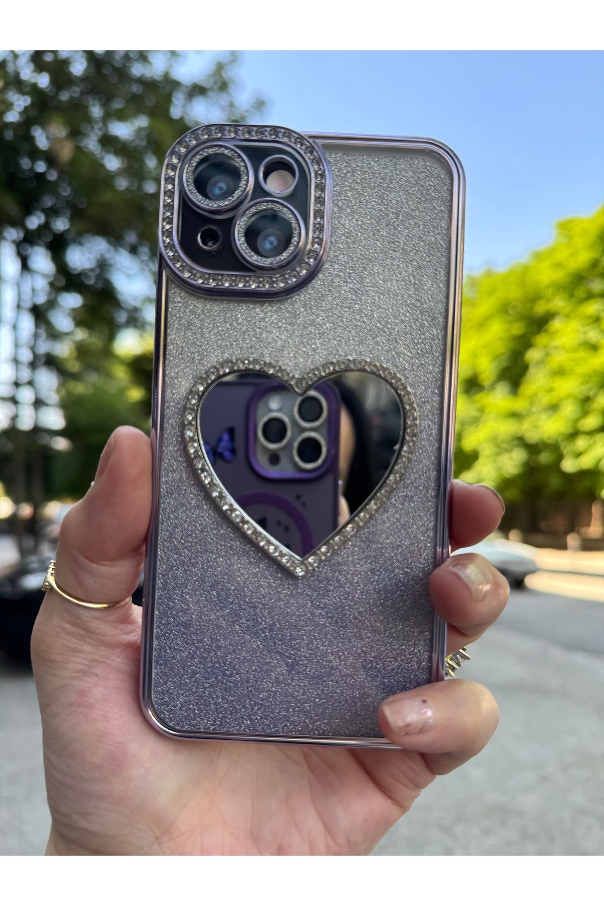 DÜNYA AKSESUAR iPhone 15 plus tam koruma aynalı taşlı çıkabilir simli silikon silikon