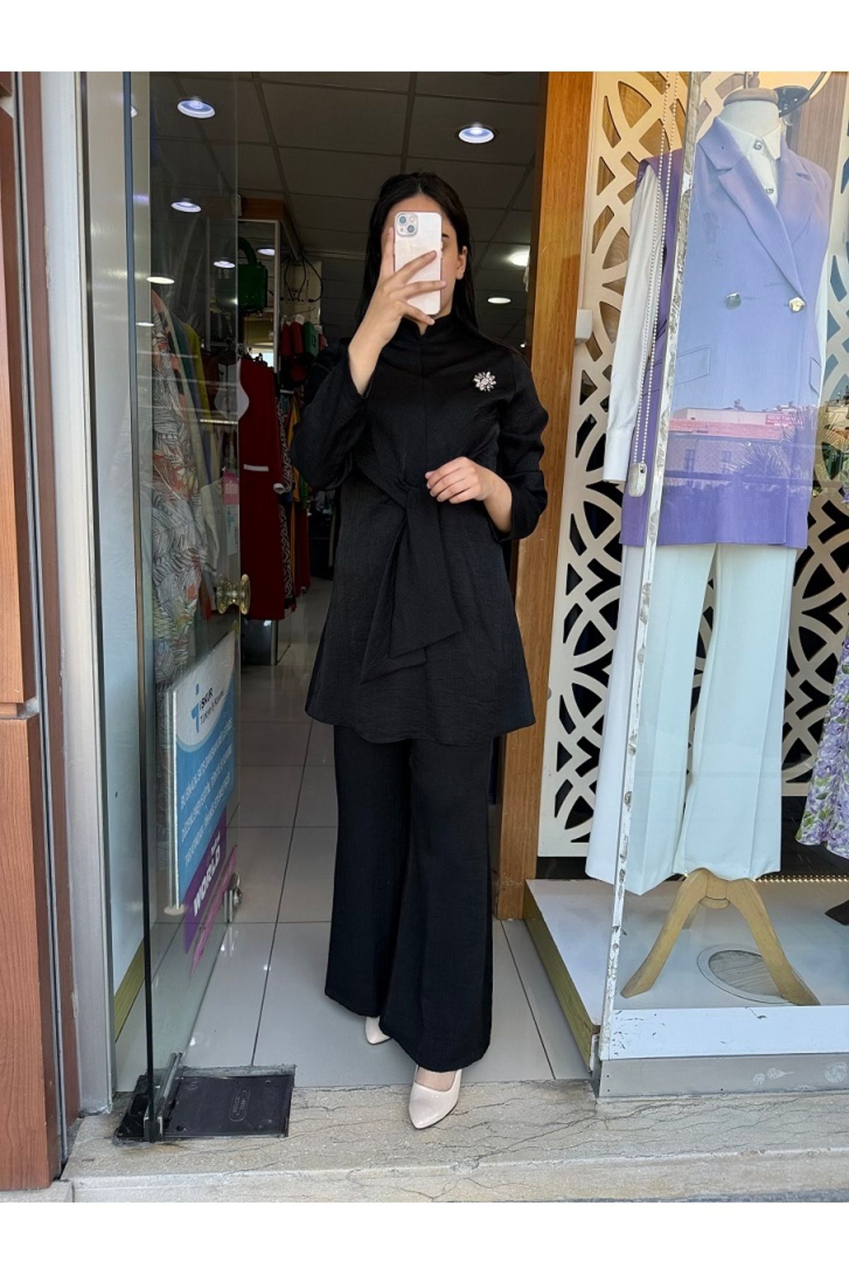 wennew 2239 TAKIM ARKADAN FERMUARLI BELİ BAĞLAMALI GÖĞSÜ BROŞ DETAYLI PANTLOLONUN BELİ LASTİKLİ 2 Lİ TAKIM