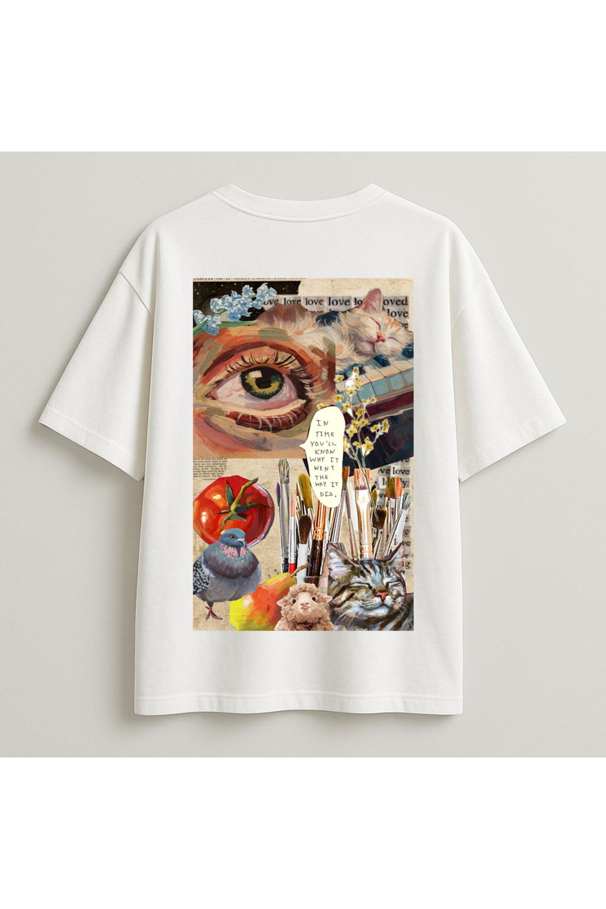 Minou Wear Kolaj Baskılı Özel Tasarım V Yaka Oversize Beyaz Kadın Tshirt