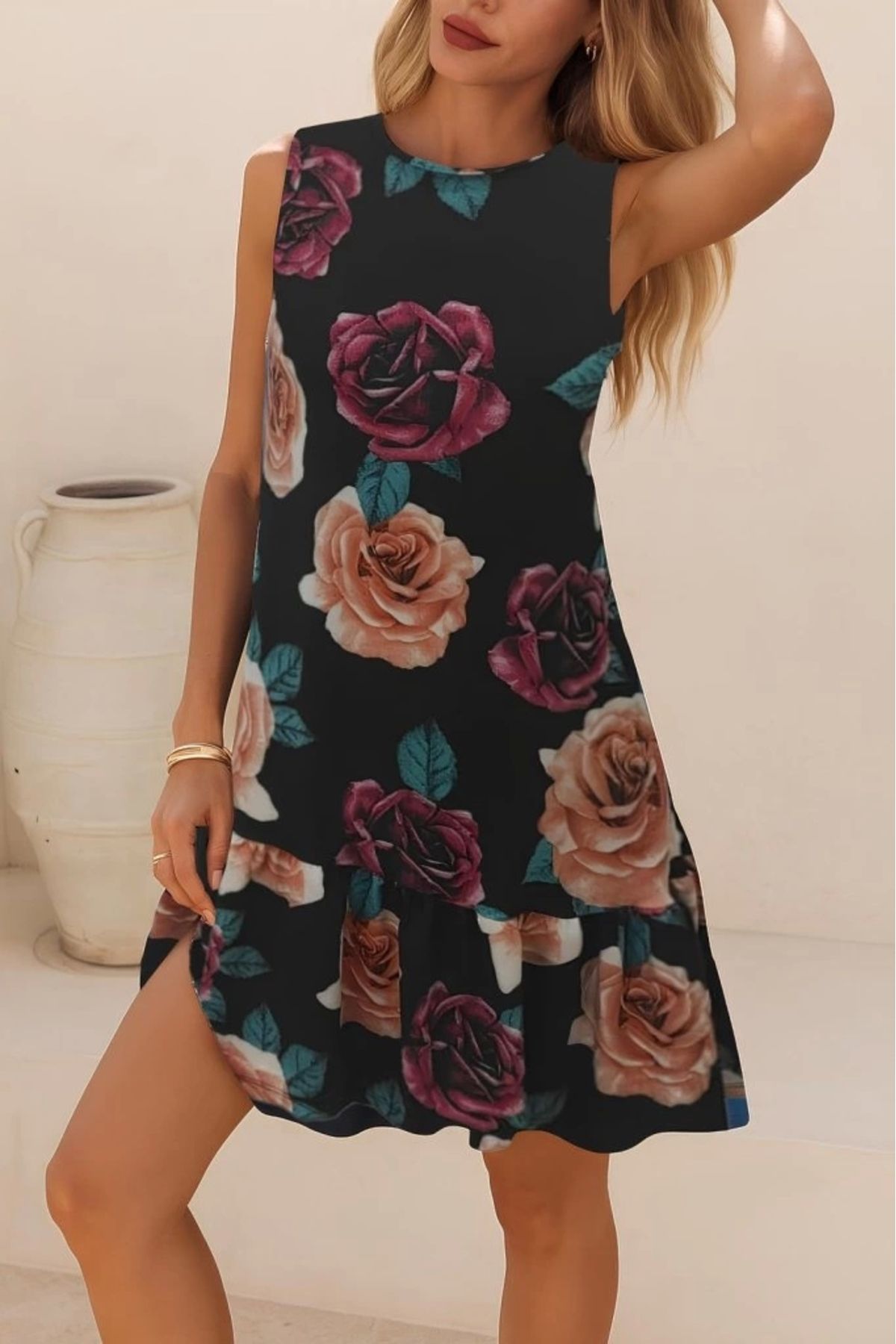 Butik Kadın Kolsuz Sırttan Bağlamalı Fırfırlı Leopar Desenli Süprem Elbise
