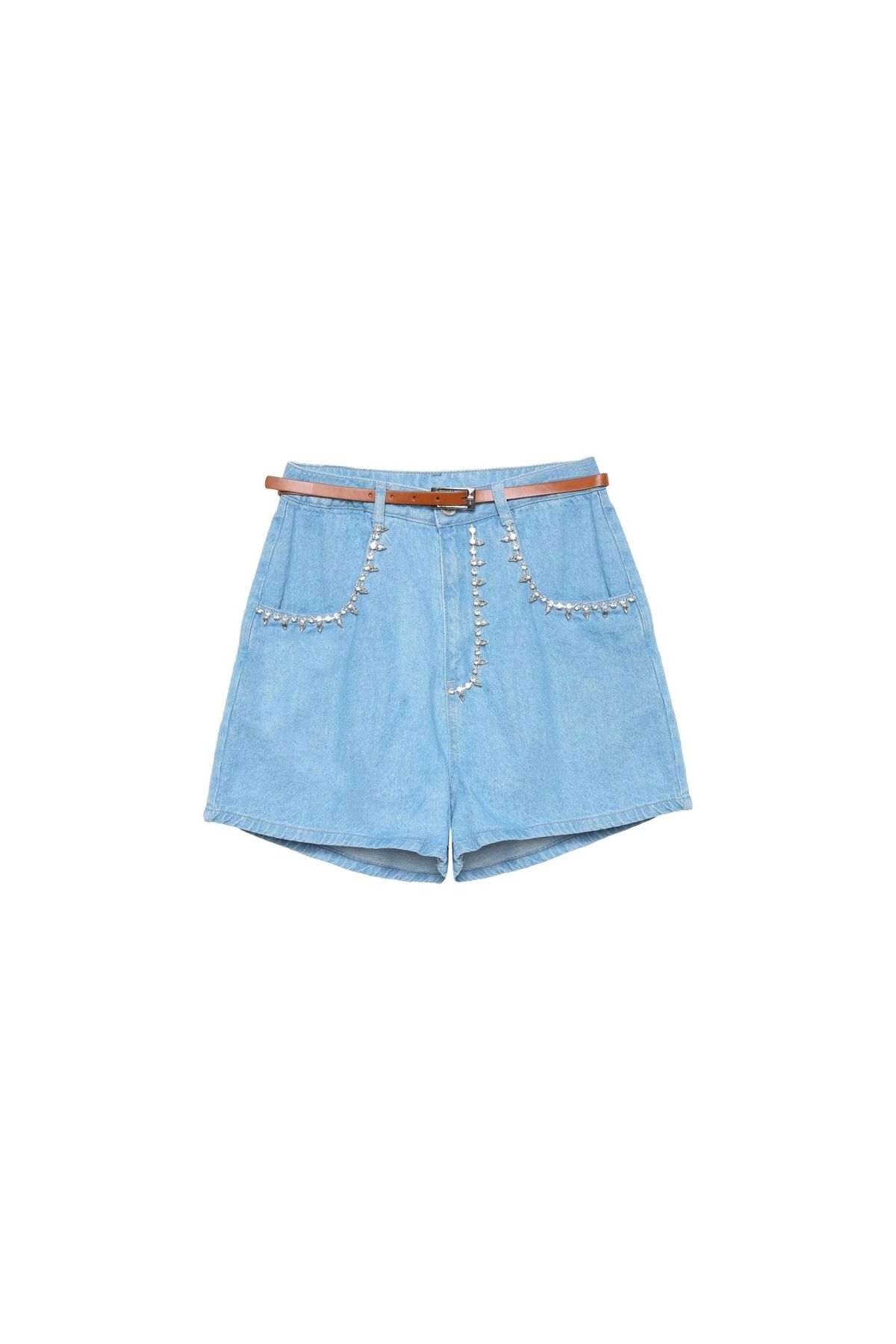 OllaCollection Taş Detaylı Denim Şort Mavi