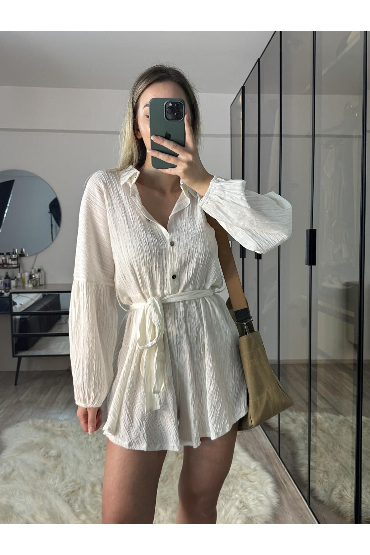 Lady Pixie Gofre Balon Kollu Şortlu Tulum Elbise