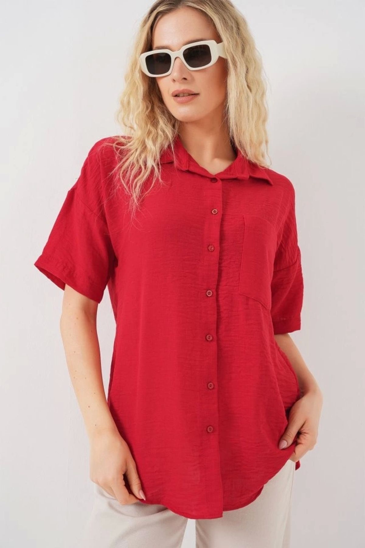 Butik Kısa Kol Keten Görünümlü Gömlek 20336 - Kırmızı