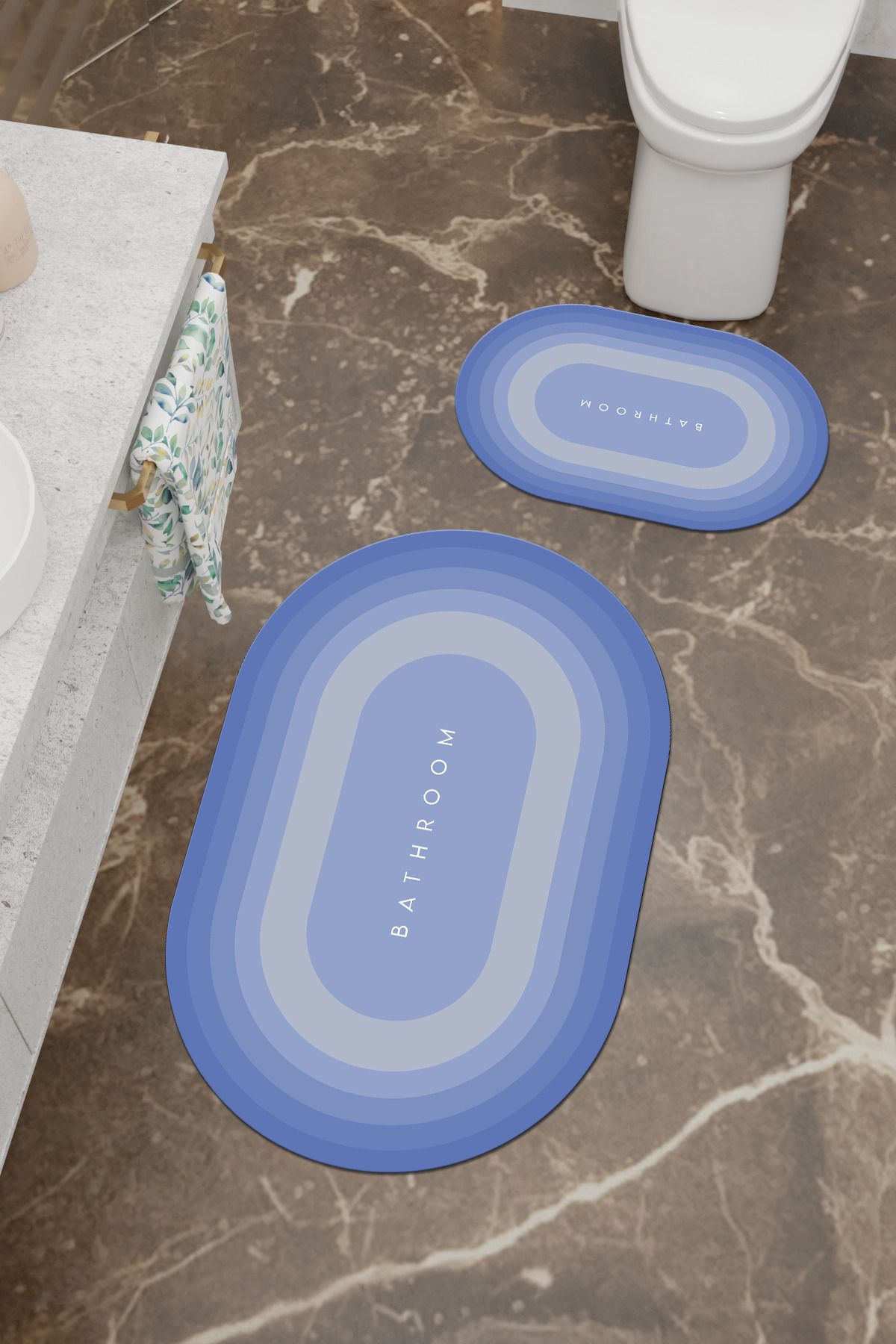 Charmbi Bathroom Desenli Eko Banyo Paspası, Kaymaz Taban, Makinada Yıkanabilir, Dijital Baskı 2'li Set