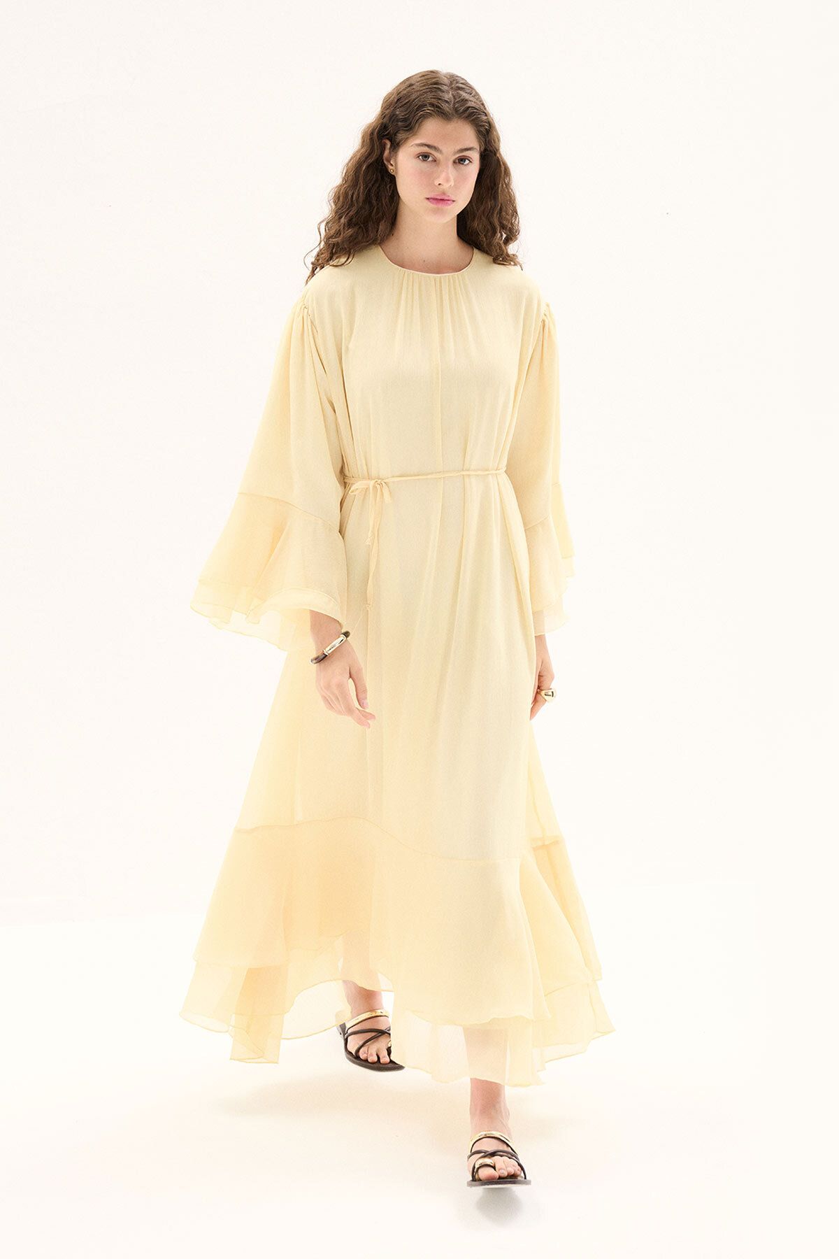 Hooopstore Boho Volanlı Yoryo Şifon Butter Yellow Elbise
