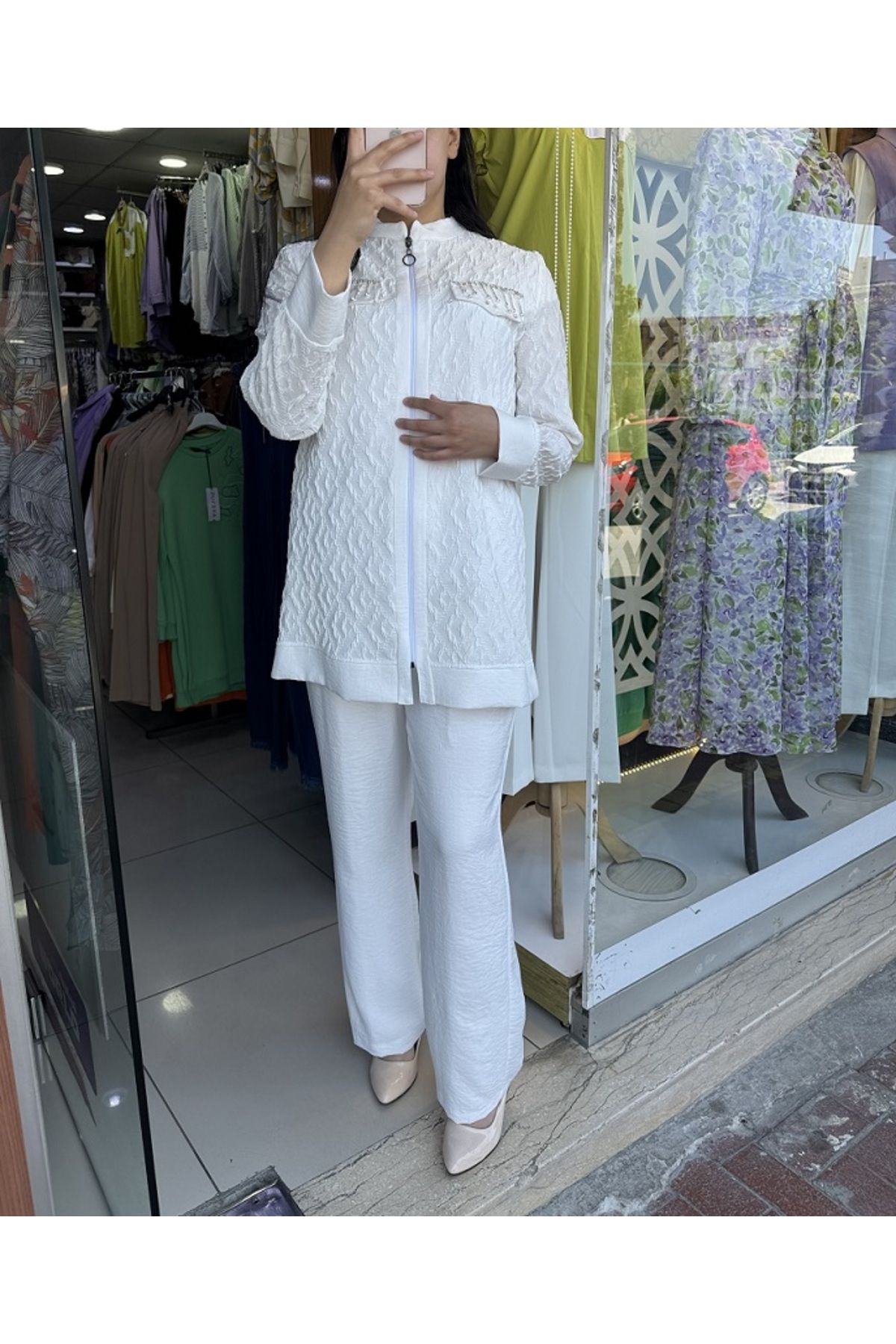 wennew 1037 TAKIM ÖNDEN FERMUARLI CEP KAPAKLARI TAŞ DETAYLI PANTLONUN BELİ LASTİKLİ 2 Lİ TAKIM QYS TAKIM