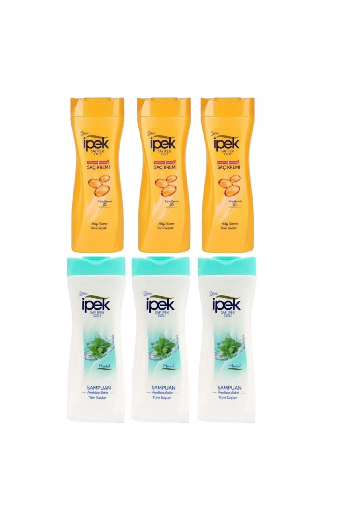 İpek İpek Şampuan 480 ml Tüm Saçlar Mentol 3 adet & İpek Saç KRemi 3 adet 480 ml