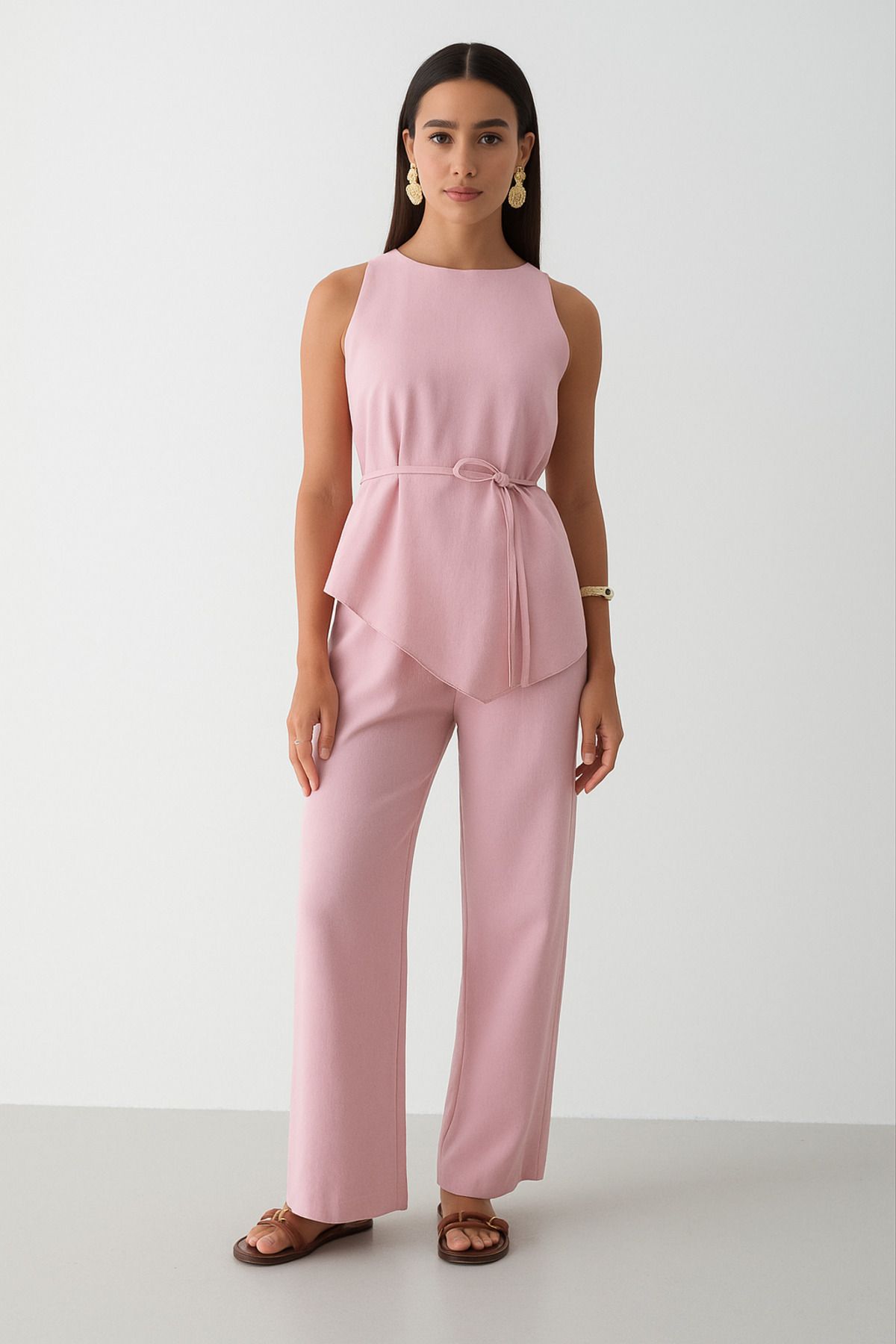 My Blog Pembe Kemerli Asimetrik Bluz Takım - 8784