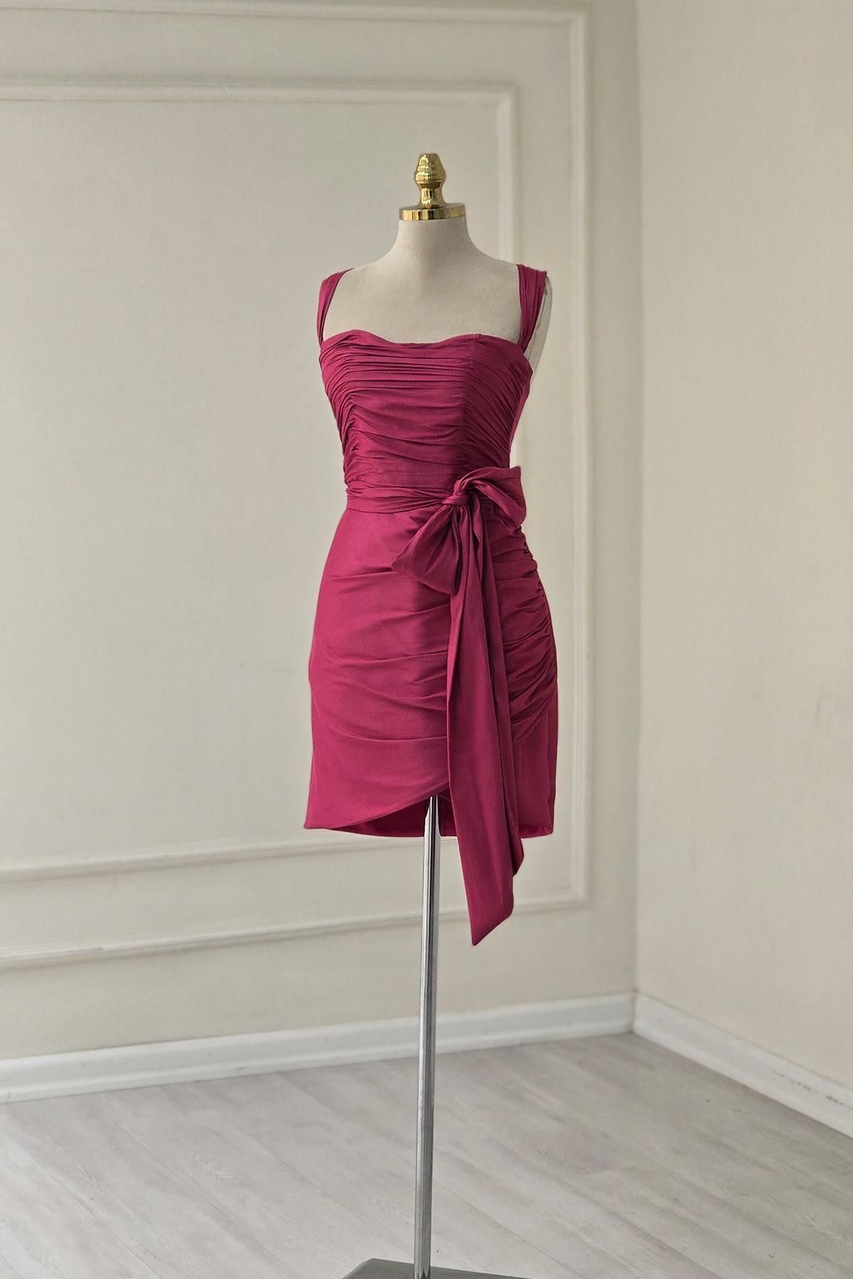 Yonca Moda Evi Fuşya Drapeli Fiyonk Kemer Mini Abiye 1076