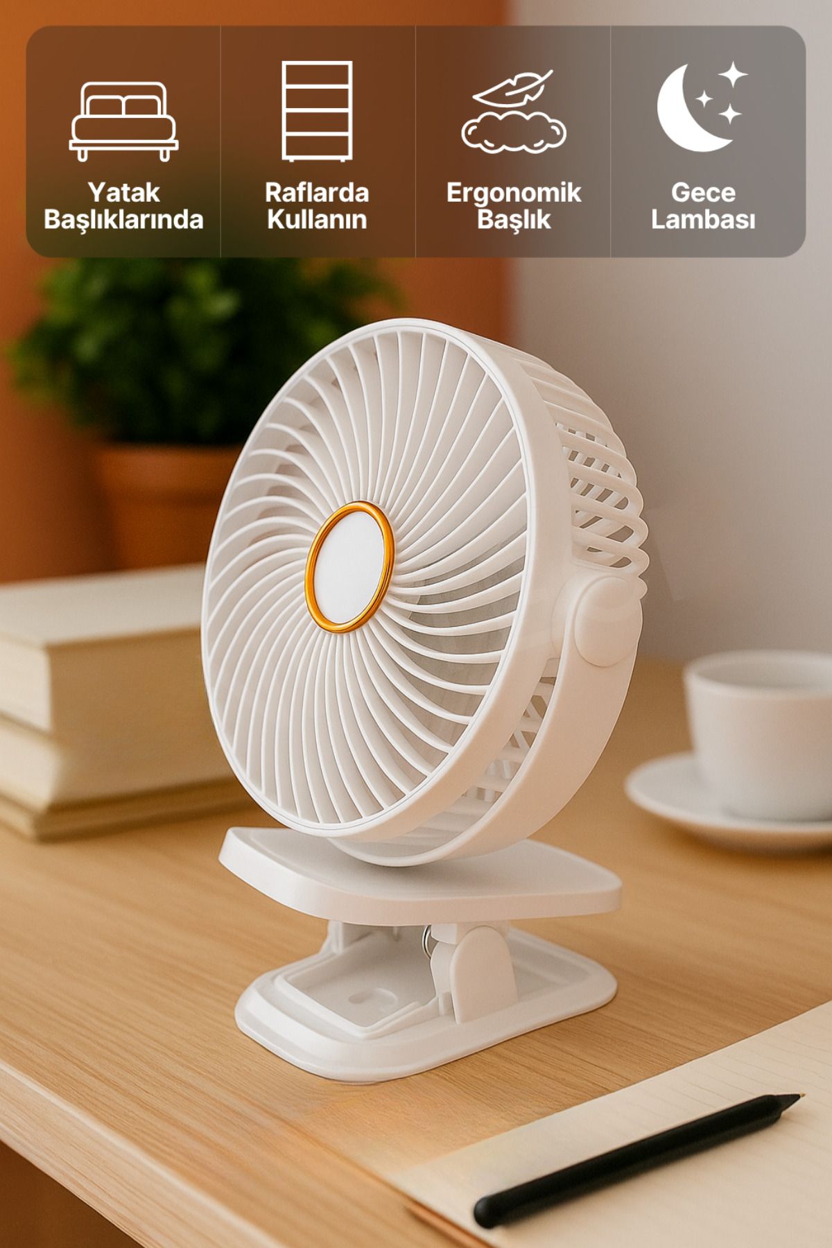 BEYZANA Kıskaçlı 3 Kademeli 360 Dönen Işıklı Sessiz Taşınabilir Fan Vantilatör Masa Fanı Şarjlı Soğutucu