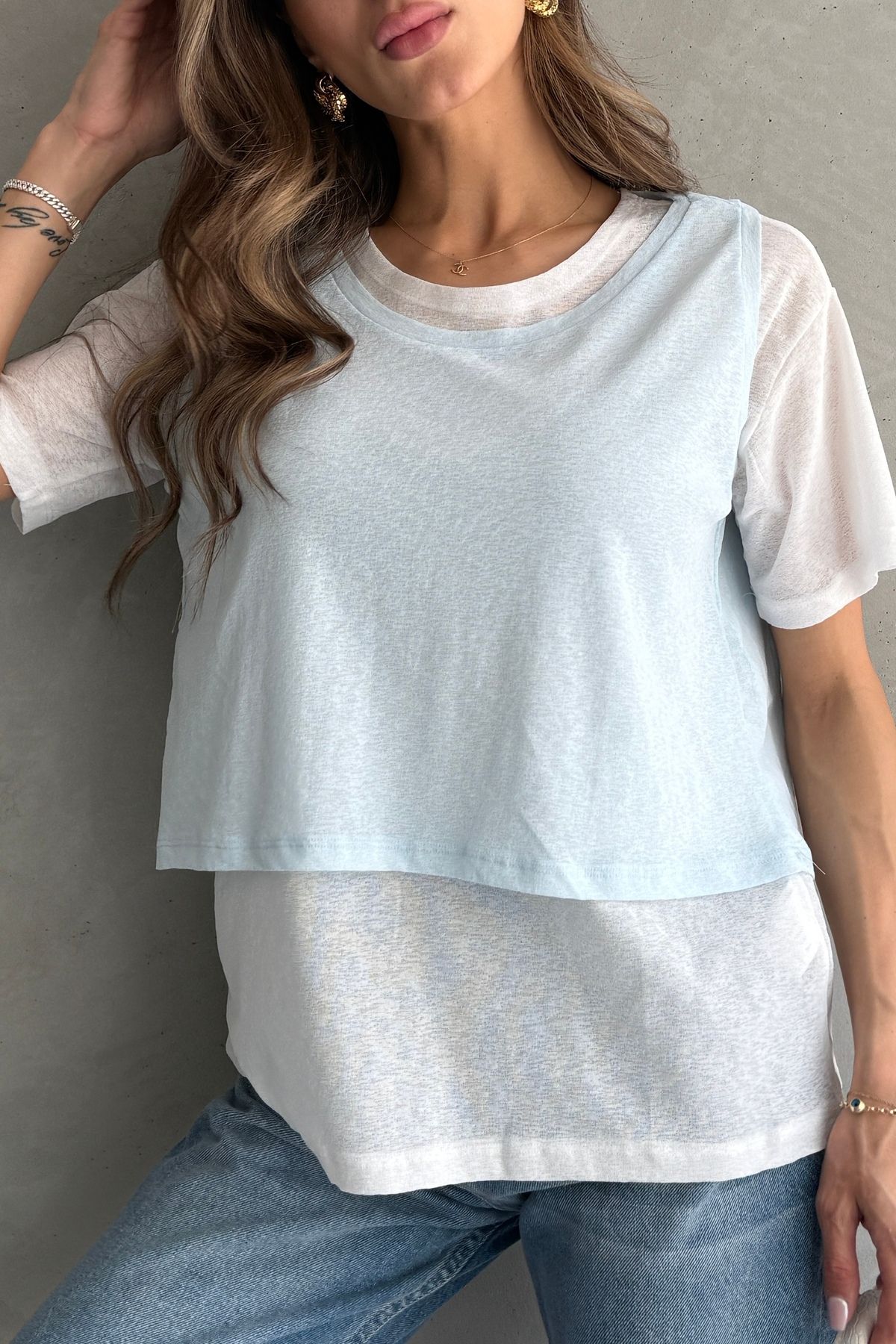 Ulino Kontrast İkili Görünümlü Bol Kesim T-shirt