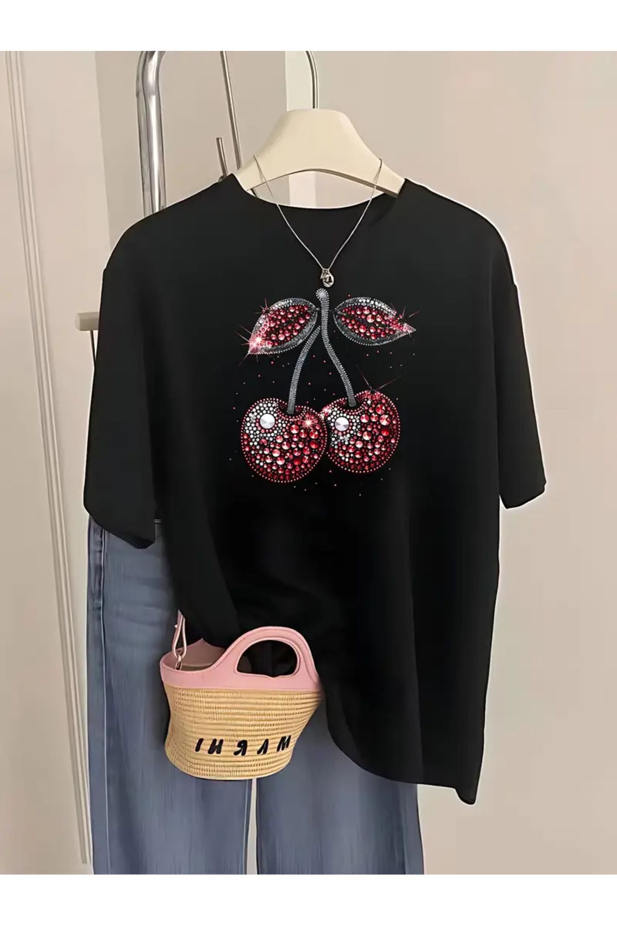 CLASİVA Kiraz baskılı Baskılı Unisex Oversize Bisiklet Yaka T-shirt