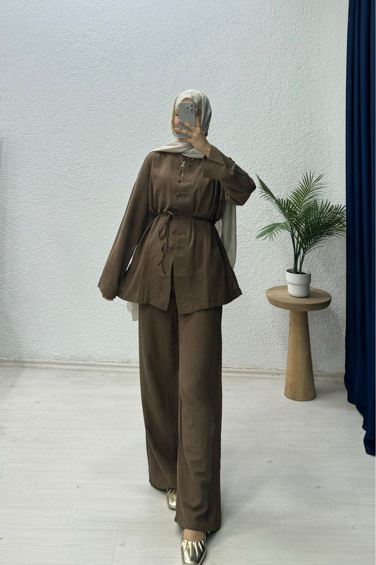 lurex moda Keten Düğmeli Takım