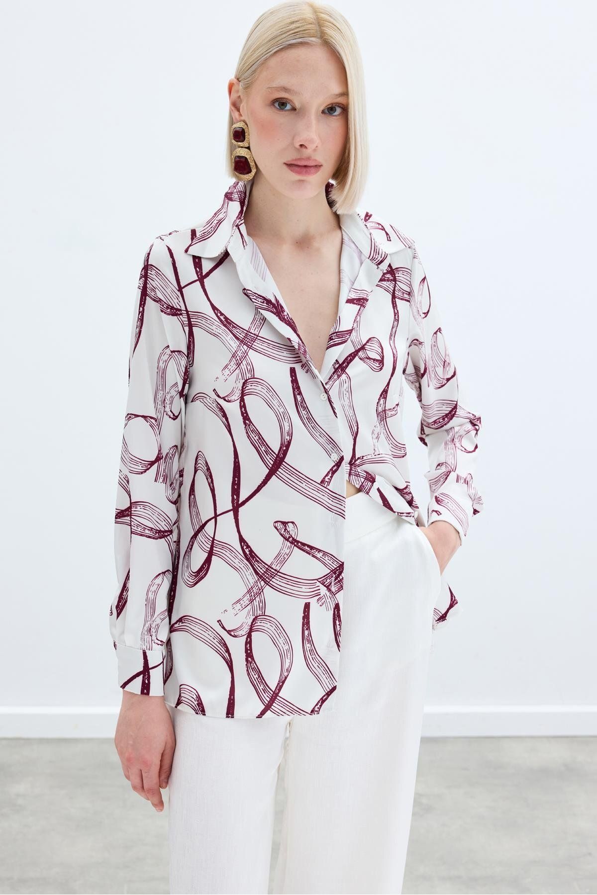 Sateen Desenli Klasik Gömlek - Bordo