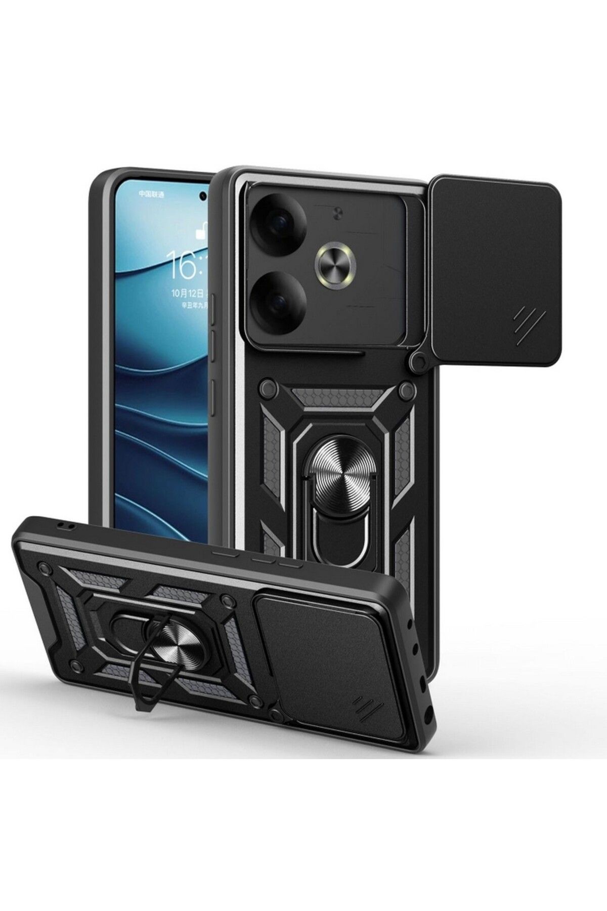 Gpack Tecno Pova 6 uyumlu Kılıf Pars Sürgülü Kamera Korumalı Yüzüklü Sert Silikon Siyah