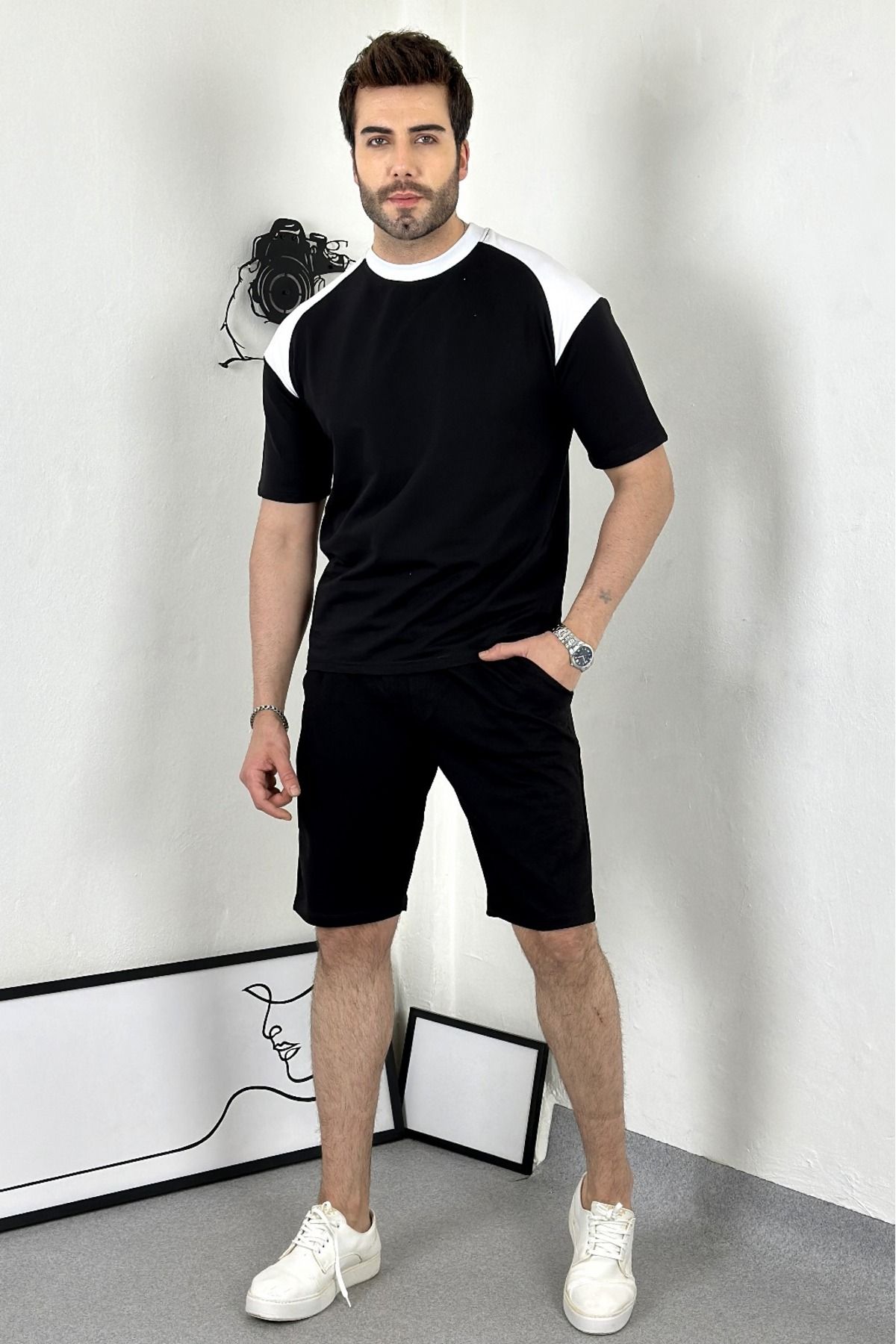 asil butik Unisex Omuzu beyaz siyah kısa kollu T-shirt
