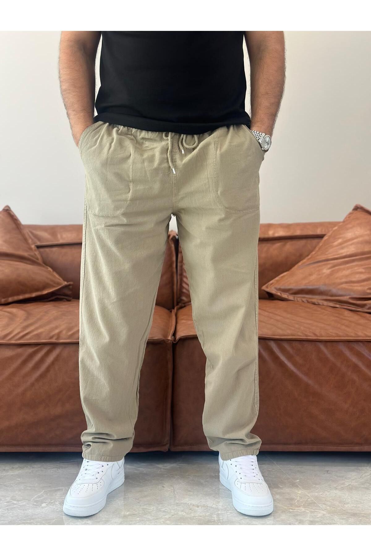 ECARTS Erkek Beli Bağcıklı Baggy Kalıp Keten Pantolon Haki Eca005