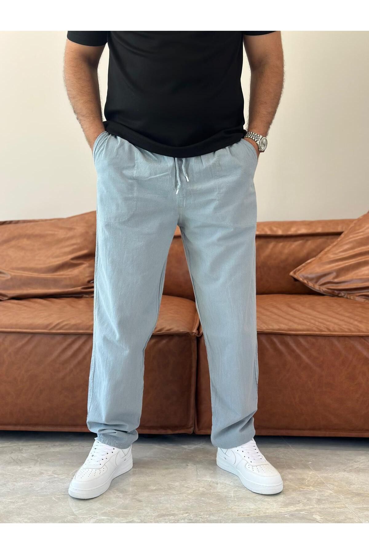 ECARTS Erkek Beli Bağcıklı Baggy Kalıp Keten Pantolon Bebe Mavi Eca005