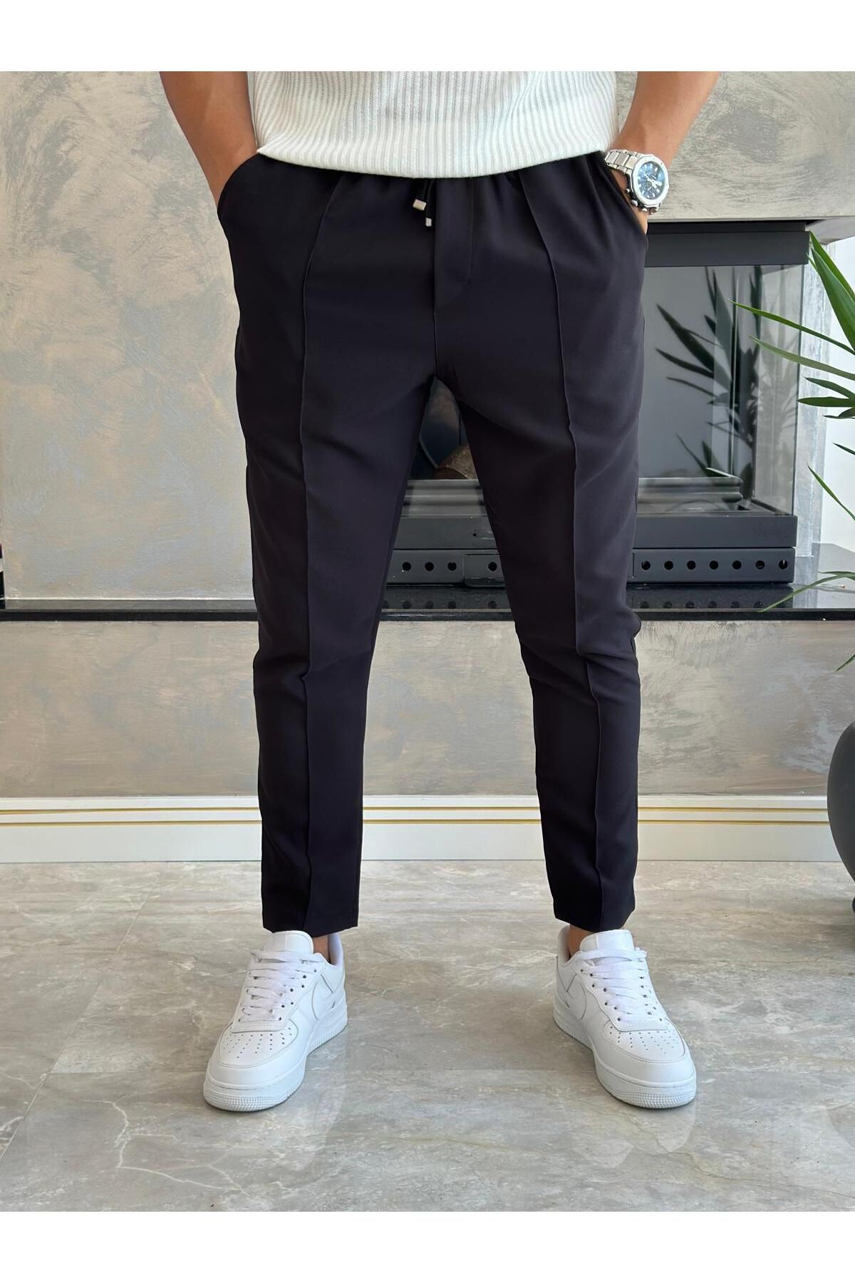 ECARTS Erkek Beli Bağcıklı Slim Fit Pantolon Siyah Eca012