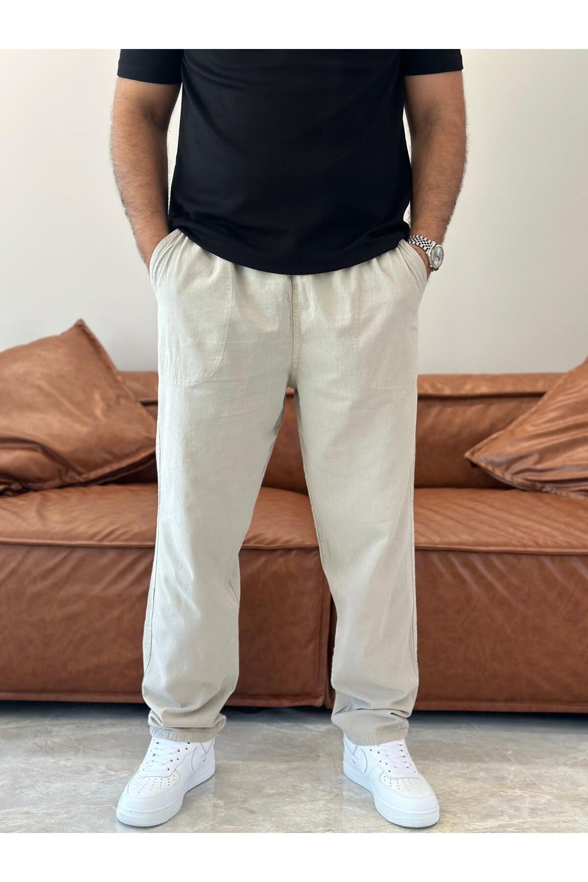 ECARTS Erkek Beli Bağcıklı Baggy Kalıp Keten Pantolon Bej Eca005