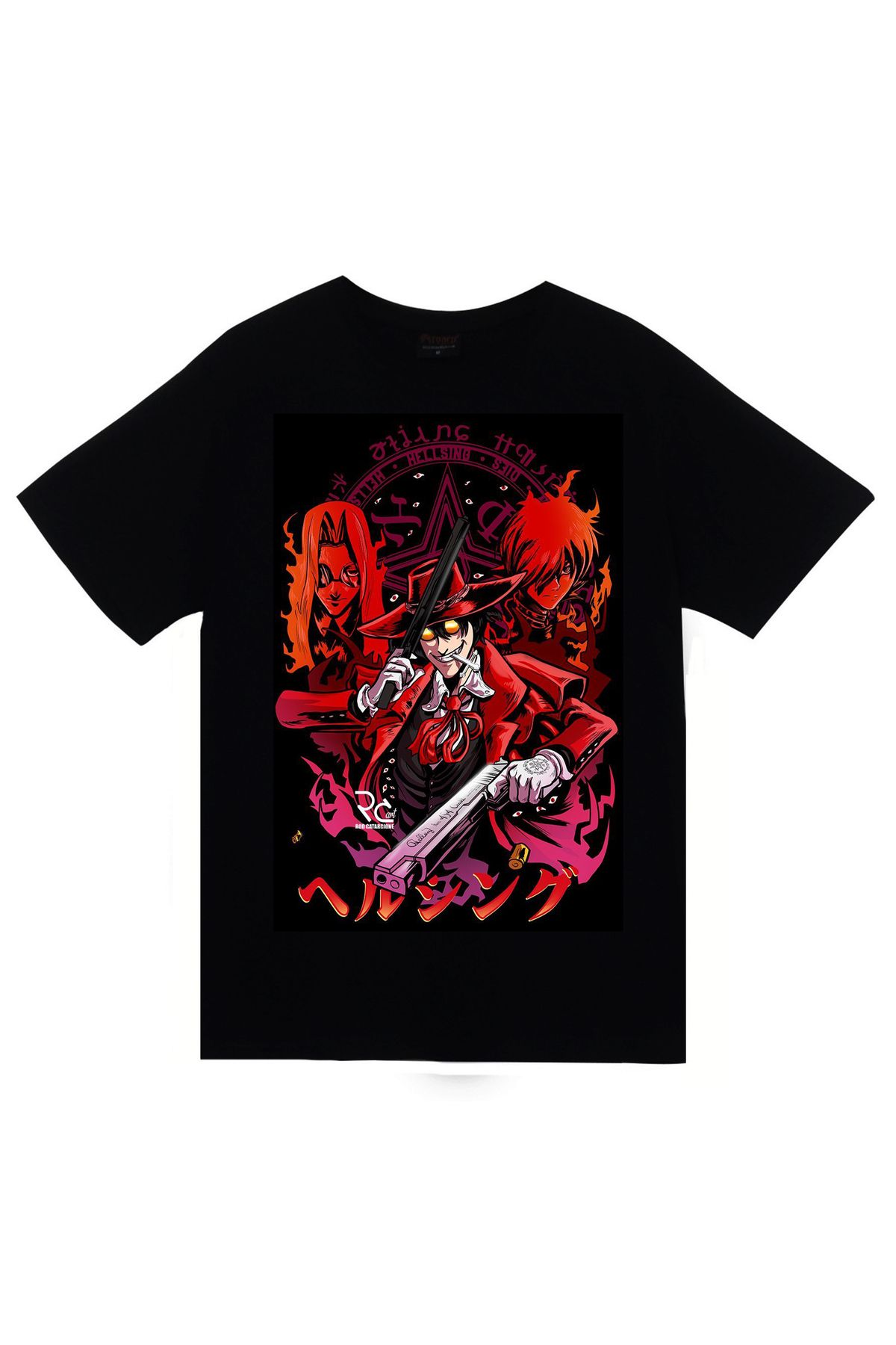 fame-stoned Helsing Anime Baskılı Unisex %100 Pamuk Siyah T-shirt