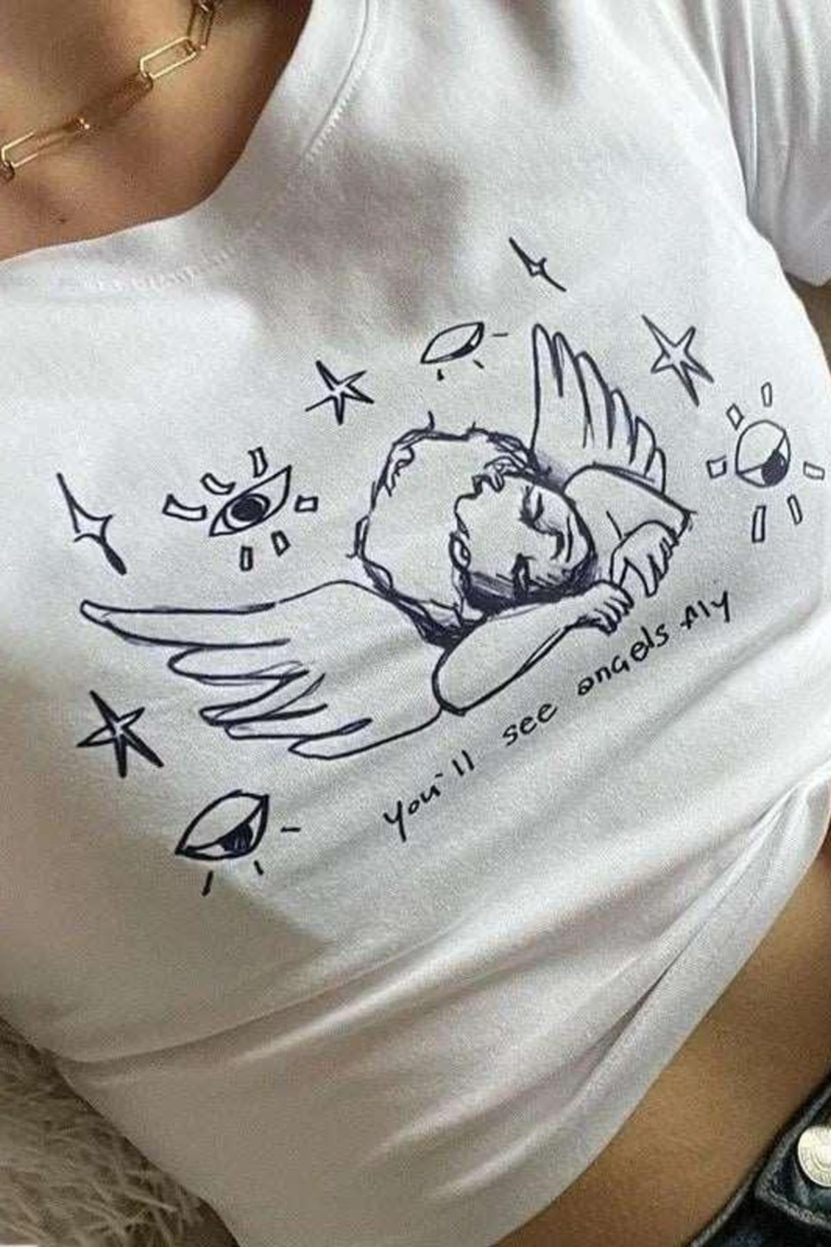 Redboxbutik Angel Baskılı Crop T-Shirt