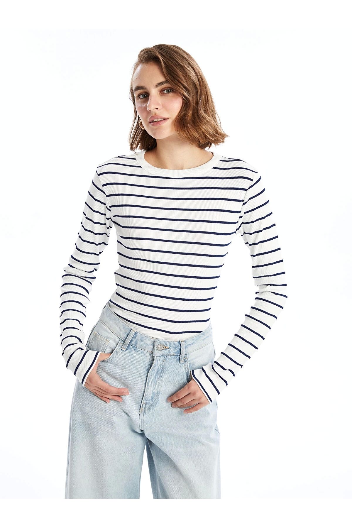 LC Waikiki LCWAIKIKI Basic Lacivert Bisiklet Yaka Çizgili Kadın Body