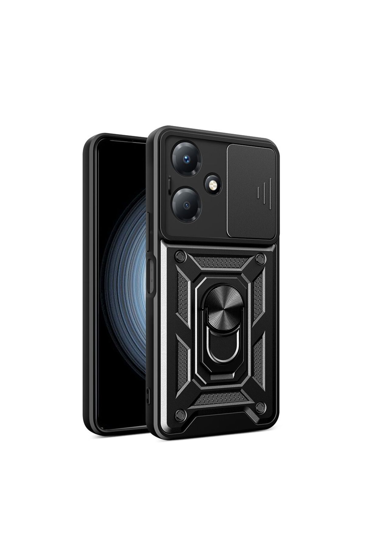 Gpack İnfinix Hot 30 Play uyumlu Kılıf Pars Sürgülü Kamera Korumalı Yüzüklü Sert Silikon Siyah